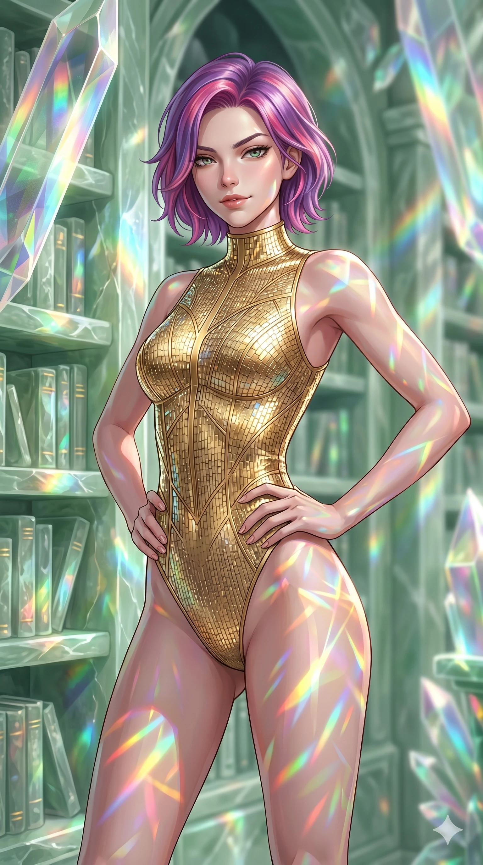 score_9, masterpiece, best quality, ultra-detailed, high-budget anime keyframe, editorial fashion photography, tasteful artistic composition, Caucasian woman, strictly human ears. cowboy shot from the thighs up, character and outfit filling the frame for maximum editorial presence. Raising one eyebrow with a confident, slightly amused expression, her posture steady inside a crystal library where shelves are carved from translucent jade stone. She has an absolutely perfect 8-heads proportion, an exceptionally tall and slender female figure with impossibly long slender legs and an ultra-slim waist. V-shaped jawline, high-bridge nose, intricate jewel-like eyes with depth, thick eyelashes, glossy lips with a natural sheen. wearing a precision-fitted metallic gold bodysuit decorated with light-refracting micro-scale panels. illuminated by cascading rainbow prismatic light refracting through crystal, casting patterns on her skin. 2k, ultra detail, master piece, 9:16 ratio