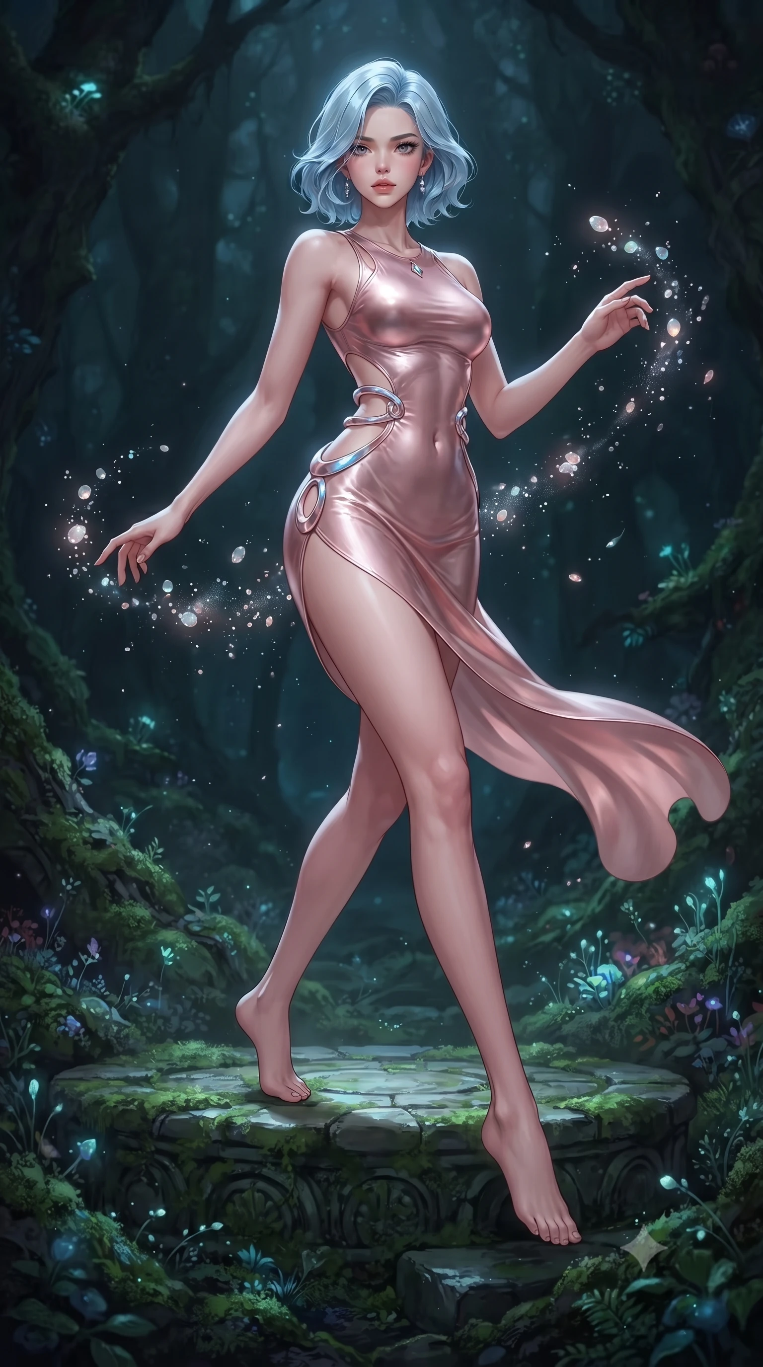 score_9, masterpiece, best quality, ultra-detailed, high-budget anime keyframe, editorial fashion photography, tasteful artistic composition, Korean woman. low angle full-body shot from head to toe showing her feet, filling the entire 9:16 vertical frame with her statuesque presence, stretching her vertical silhouette. interacting with floating opal particles, her long slender legs poised in motion, poised on a moss-covered stone altar as bioluminescent pollen drifts gently, moist forest mist refracting subtle bioluminescent light. She has an absolutely perfect, statuesque 8.5-heads proportion, an exceptionally tall and slender model-like female figure with impossibly long slender legs and an ultra-slim waist. sharp v-shaped jawline, high-bridge nose, intricate jewel-like eyes with depth, thick eyelashes, glossy lips with a natural sheen. wearing aerodynamic second-skin rose-gold metallic bodycon dress in soft blush pink, made of liquid mercury jersey, accented with sculpted opal chrome rings at the waist, sculpting her athletic slender build with refined precision. lit by quiet bioluminescent key light in a dark woodland setting. highly saturated vibrant anime colors, detailed shading with soft gradients, rich glossy textures, high-contrast stereoscopic depth, volumetric dynamic lighting, master piece, 9:16 ratio