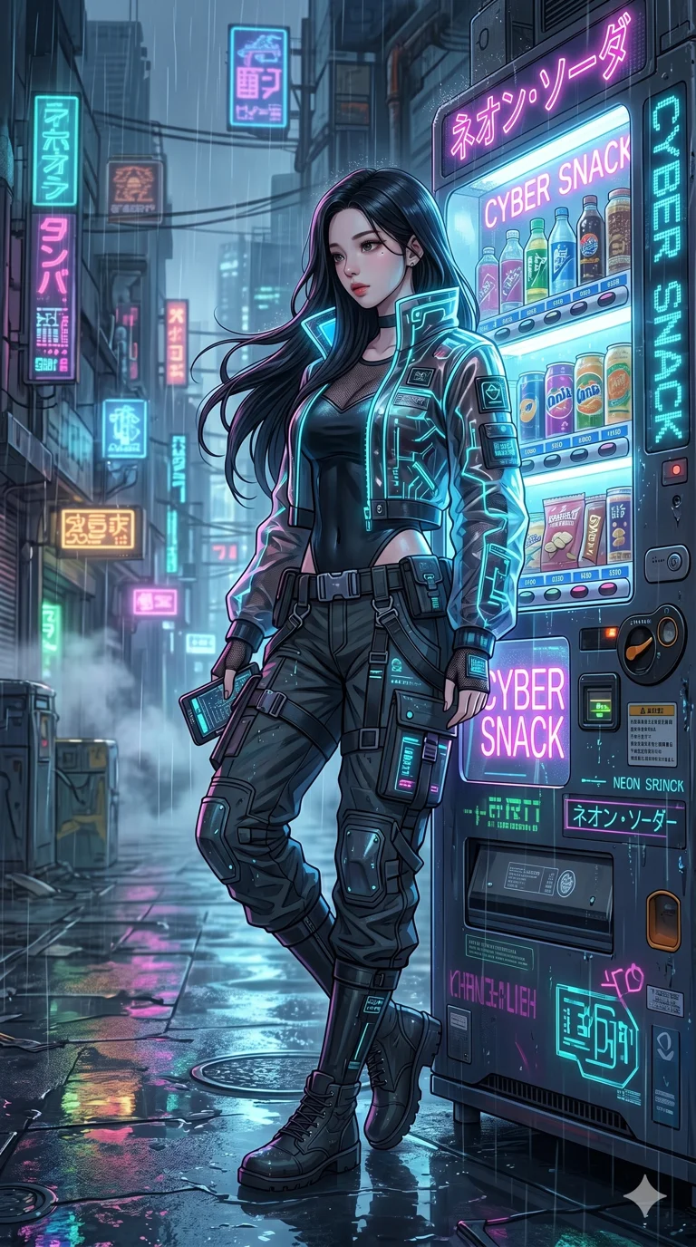 score_9, score_8_up, score_7_up, source_anime, masterpiece, best quality, ultra-detailed, same character with long flowing black hair, wearing cyberpunk streetwear including a translucent glowing jacket and techwear pants, full body shot leaning casually against a brightly lit neon vending machine, dystopian rainy city street at night, volumetric fog, 2k, 9:16 ratio