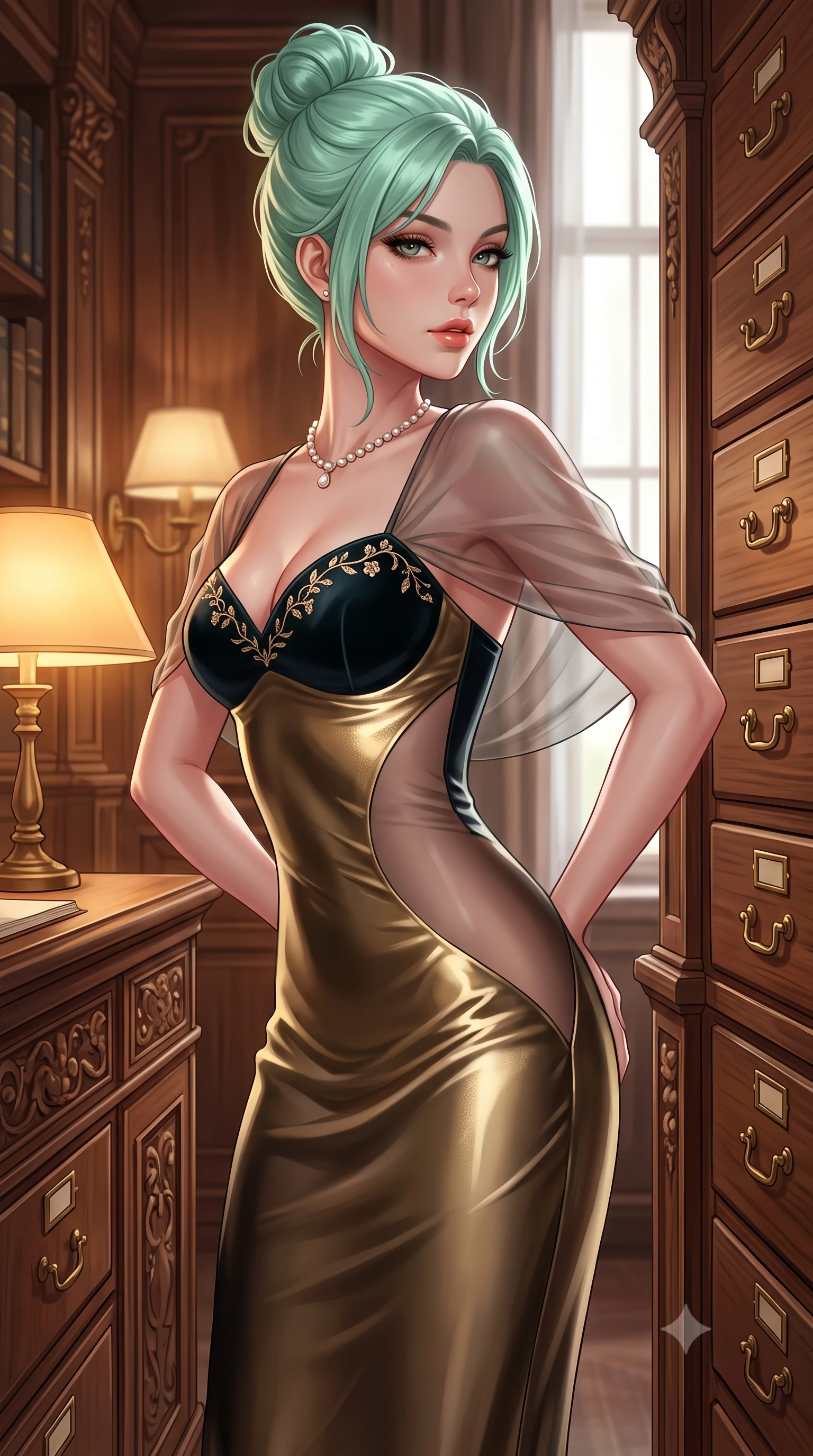 score_9, masterpiece, best quality, ultra-detailed, high-budget anime keyframe, semi-realistic 3D game render, editorial fashion photography, tasteful artistic composition, Japanese woman. close-up cowboy shot from the waist and thighs up, the character dominates the composition, filling the frame with her large presence. perched sideways on the lounge seat, one knee drawn up to showcase her slender leg line while her arched back accentuates her feminine hip curve while standing poised between floor-to-ceiling wooden specimen drawers with hips cocked back, looking back with an intoxicating, smoldering gaze. The surrounding environment is rendered in vivid detail and crisp panoramic clarity: detailed sheer organza blouse drape, dainty pearl necklace shine, and historical library furnishings in high resolution. She has an exceptionally elegant, slender, and willowy female figure with an ultra-slim waist, flat toned midriff, narrow ribcage, and sculpted feminine hips creating an alluring, slim hourglass silhouette without bulk. sharp v-shaped jawline, high-bridge nose, sparkling eyes with hypnotic seductive depth, thick curled eyelashes, glossy parted lips with a natural dewy peach sheen, alluring bedroom-eyes with an enchanting coquettish smile, exuding magnetic siren charisma and sophisticated glamour, flawlessly proportioned anatomical accuracy, strict slender model proportions, natural body alignment, perfectly sculpted long slender limbs, ultra-slim waistline, clean dynamic posture without body distortion. wearing a deep sweetheart-neckline velvet bodycon dress with sheer side-torso cutouts accentuating her hourglass curves in liquid gold chainmail and midnight obsidian black with diamond accents, crafted from fluid liquid silk satin that clings smoothly to every curve with a dewy sheen, finished with delicate floral vine embroidery tracing along her sweetheart neckline with intimate elegance, the liquid-tight tailored fabric clinging flawlessly to her narrow waist and rounded feminine hips, emphasizing every millimeter of her sculpted slim hourglass curves without any bulky heaviness. bathed in warm 3000K desk lamp glow mixed with soft natural window daylight. highly saturated vibrant anime colors, detailed shading with soft gradients, rich glossy textures, high-contrast stereoscopic depth, volumetric dynamic lighting, master piece, 9:16 ratio