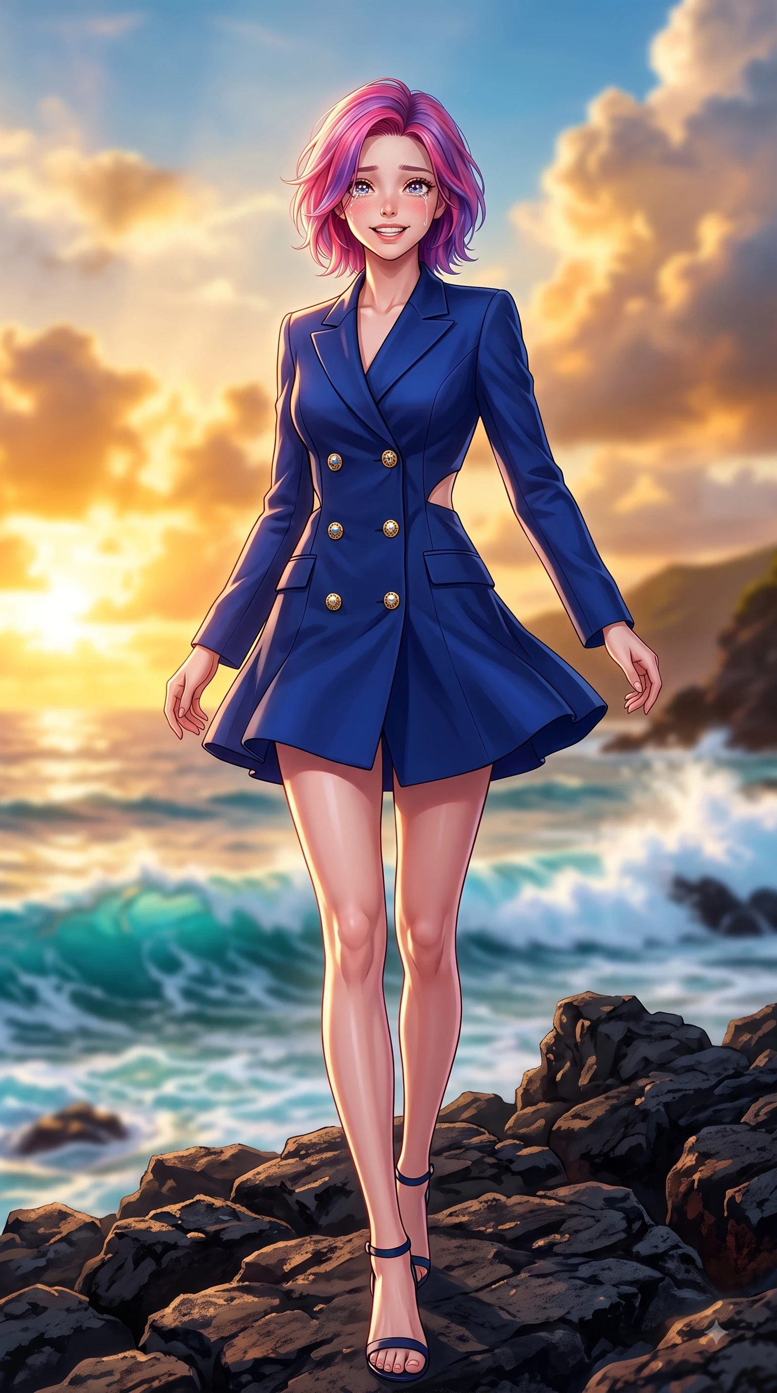 score_9, masterpiece, best quality, ultra-detailed, high-budget anime keyframe, editorial fashion photography, tasteful artistic composition, Caucasian woman. low angle full-body shot from head to toe showing her feet, filling the entire 9:16 vertical frame with her statuesque presence, stretching her vertical silhouette. Expectant hopeful expression with wide sparkling eyes and a soft eager smile as if waiting for a loved one while pivoting in mid-motion on dark volcanic rocks with a windswept, magnetic stance. The composition keeps background elements in soft focus with dreamy bokeh. crashing ocean waves and glowing sunset clouds blurred into smooth turquoise and gold bokeh. She has an absolutely perfect, statuesque 8.5-heads proportion, an exceptionally tall and slender model-like female figure with impossibly long slender legs and an ultra-slim waist. sharp v-shaped jawline, high-bridge nose, intricate jewel-like eyes with depth, thick eyelashes, glossy lips with a natural sheen, flawlessly proportioned anatomical accuracy, natural body alignment, perfectly sculpted elegant limbs, clean dynamic posture without body distortion. wearing a royal navy blue double-breasted blazer dress accented with gold crest buttons in electric azure blue and cloud white, tailored from crisp high-density cotton poplin, complemented by clean architectural seams and subtle cutouts, the fluid drape swaying gracefully with her dynamic editorial movement. surrounded by an majestic, emotional, and breathtaking coastal editorial aura. highly saturated vibrant anime colors, detailed shading with soft gradients, rich glossy textures, high-contrast stereoscopic depth, volumetric dynamic lighting, master piece, 9:16 ratio