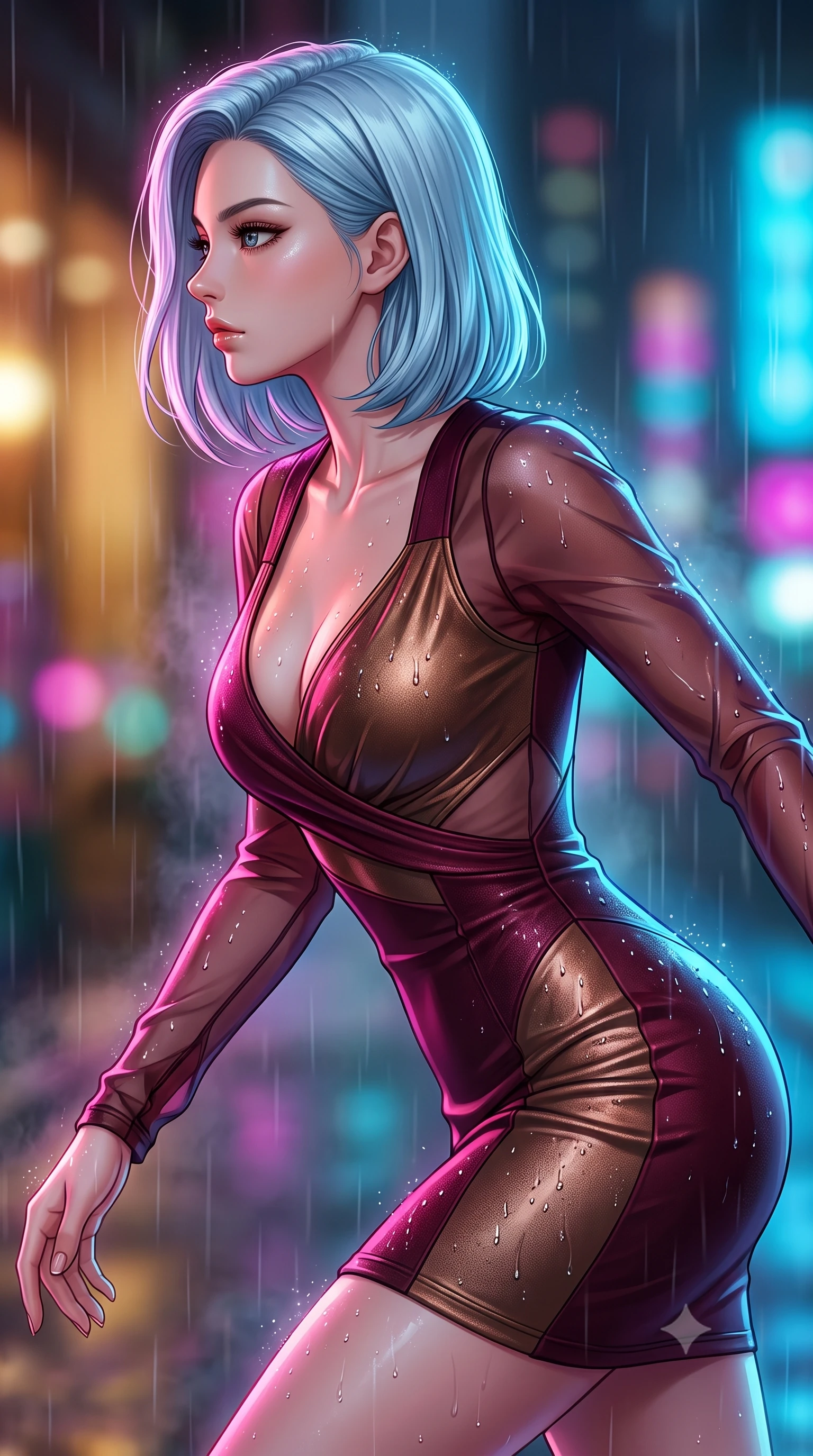 score_9, masterpiece, best quality, ultra-detailed, high-budget anime keyframe, editorial fashion photography, tasteful artistic composition, Korean woman. close-up cowboy shot from the waist and thighs up, the character dominates the composition, filling the frame with her large presence, background elements kept in soft focus. Turning her face in sharp profile while her upper body leans forward with poised athletic grace while pivoting in a mid-stride turn as rain droplets glisten on her metallic outfit, soft urban mist scattering vibrant magenta and cyan neon rim light around her form. She has an exceptionally elegant, slender, and willowy female figure with an ultra-slim waist, a gracefully sculpted slender torso, and a refined silhouette. sharp v-shaped jawline, high-bridge nose, intricate jewel-like eyes with depth, thick eyelashes, glossy lips with a natural sheen, flawlessly proportioned anatomical accuracy, natural body alignment, perfectly sculpted elegant limbs, clean dynamic posture without body distortion. wearing a sleek bodycon knit dress with strategic sheer organza sleeve panels in deep burgundy and bronze, formed from sleek second-skin neoprene, accented with a Tasteful chest slit framing her clavicle gracefully, the elegant draped fit framing her graceful clavicle and slender torso. illuminated by warm indoor golden light and cool rainy blue neon rim light. highly saturated vibrant anime colors, detailed shading with soft gradients, rich glossy textures, high-contrast stereoscopic depth, volumetric dynamic lighting, master piece, 9:16 ratio
