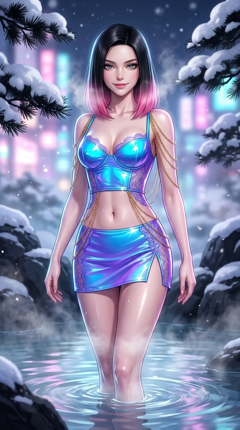 score_9, masterpiece, best quality, ultra-detailed, high-budget anime keyframe, semi-realistic 3D game render, editorial fashion photography, tasteful artistic composition, Korean woman. close-up cowboy shot from the waist and thighs up, the character dominates the composition, filling the frame with her large presence. smiling with quiet, magnetic self-assurance directly into the camera, her sculpted waistline catching specular highlights while stepping slowly into the thermal pool with hypnotic grace, rising vapor caressing her flat midriff and slender thighs. The background shows a soft-focus natural hot spring rock ledges, heavy snow mounds on black pine branches, and neon city lights blurred into tranquil pastel bokeh. She has an exceptionally elegant, slender, and willowy female figure with an ultra-slim waist, flat toned midriff, narrow ribcage, and sculpted feminine hips creating an alluring, slim hourglass silhouette without bulk. sharp v-shaped jawline, high-bridge nose, sparkling eyes with hypnotic seductive depth, thick curled eyelashes, glossy parted lips with a natural dewy peach sheen, alluring bedroom-eyes with an enchanting coquettish smile, exuding magnetic siren charisma and sophisticated glamour, flawlessly proportioned anatomical accuracy, strict slender model proportions, natural body alignment, perfectly sculpted long slender limbs, ultra-slim waistline, clean dynamic posture without body distortion. wearing a sculpted wet-look vinyl bustier top paired with an ultra-short slit micro skirt in electric neon cyan and violet amethyst, made of delicate semi-sheer French Chantilly lace with intricate eyelash edges, accented with an open-back drape framed by falling strands of delicate gold chains, the form-contouring silhouette accentuating her sculpted flat midriff, narrow delicate ribcage, and gracefully curvy hips with intoxicating allure. illuminated by rising steam particle light scatter and sharp platinum rim lights sculpting her jawline, flat midriff, and hourglass hips. highly saturated vibrant anime colors, detailed shading with soft gradients, rich glossy textures, high-contrast stereoscopic depth, volumetric dynamic lighting, master piece, 9:16 ratio