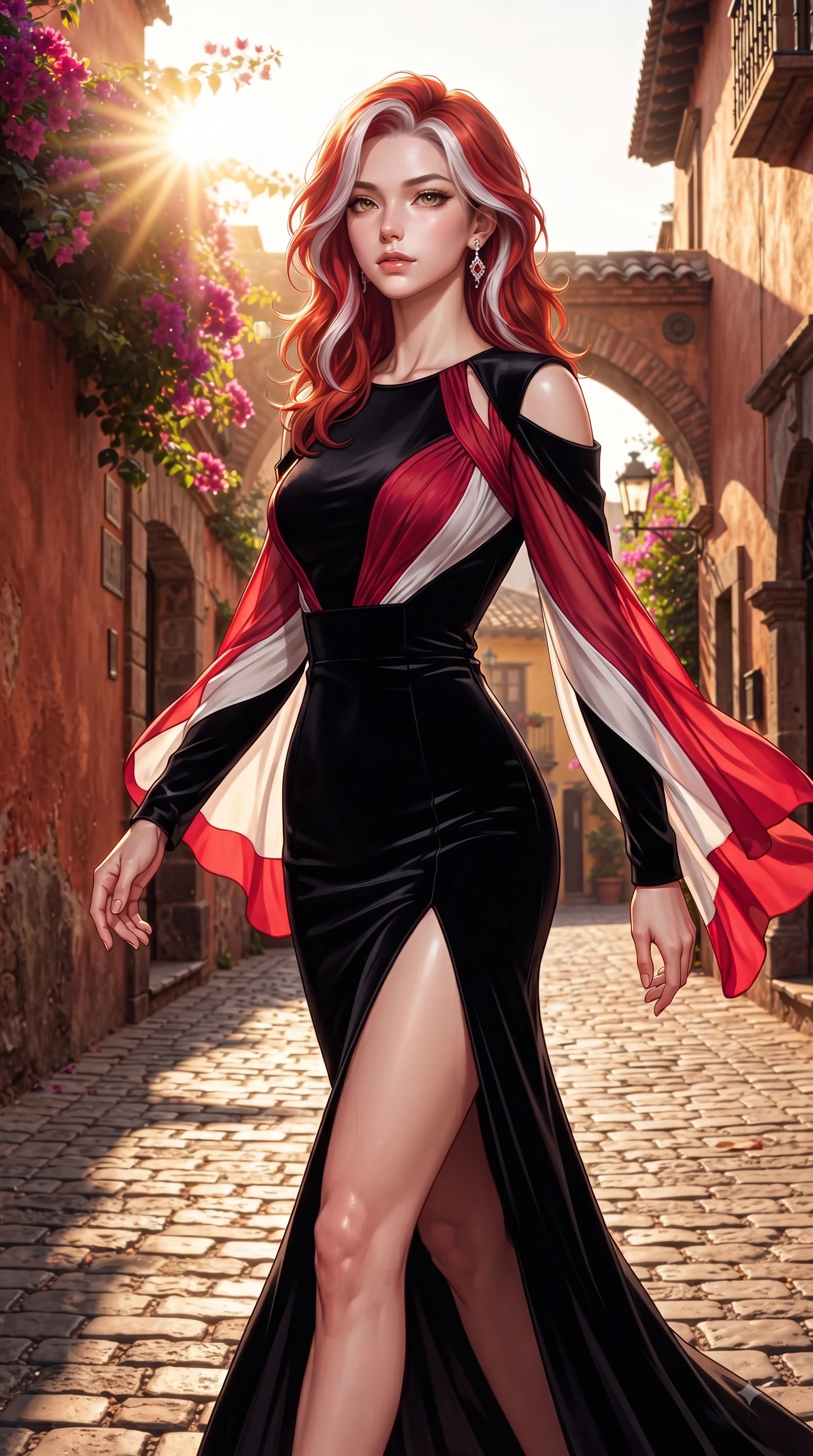 score_9, masterpiece, best quality, ultra-detailed, high-budget anime keyframe, editorial fashion photography, tasteful artistic composition, Caucasian woman. close-up cowboy shot from the waist and thighs up, the character dominates the composition, filling the frame with her large presence. Statuesque haughty posture with a cool, sharp glance and composed high-fashion elegance while striding dramatically down a sun-drenched European cobblestone alley lined with rustic terracotta walls. The surrounding environment is rendered in vivid detail and crisp panoramic clarity. vibrant bougainvillea blossoms, historic archways, and detailed architectural shadows in panoramic clarity. She has an exceptionally elegant, slender, and willowy female figure with an ultra-slim waist, a gracefully sculpted slender torso, and a refined silhouette. sharp v-shaped jawline, high-bridge nose, intricate jewel-like eyes with depth, thick eyelashes, glossy lips with a natural sheen, flawlessly proportioned anatomical accuracy, natural body alignment, perfectly sculpted elegant limbs, clean dynamic posture without body distortion. wearing a dramatic black velvet evening gown with a high leg slit and subtle shoulder cutouts in vibrant crimson red and crisp snow white, woven from fine lightweight chiffon fluttering gracefully, complemented by clean architectural seams and subtle cutouts, the form-contouring material accentuating her ultra-slim waist and long lines. bathed in dramatic golden hour sunbursts casting long cinematic shadows. ultra-reflective glossy finish, specular highlights, metallic sheen, high-contrast stereoscopic depth, volumetric dynamic lighting, 2k, ultra detail, master piece, 9:16 ratio