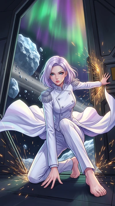 score_9, masterpiece, best quality, ultra-detailed, high-budget anime keyframe, editorial fashion photography, tasteful artistic composition, Caucasian woman, strictly human ears. low angle full-body shot from head to toe showing her feet, filling th