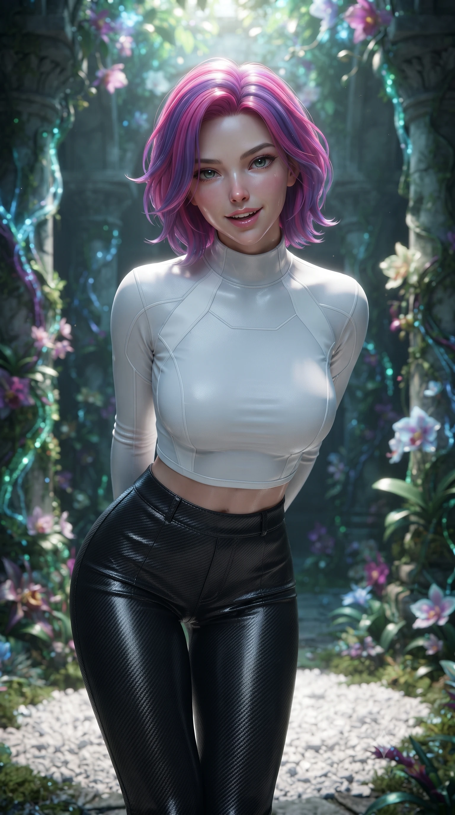 score_9, masterpiece, best quality, ultra-detailed, high-budget anime keyframe, editorial fashion photography, tasteful artistic composition, Caucasian woman. close-up cowboy shot from the waist and thighs up, the character dominates the composition, filling the frame with her large presence, background elements kept in soft focus. leaning slightly forward with a playful, teasing smile, her gaze locked onto the viewer with lips parted in a composed pose, the background shows a soft-focus an orchid vault corridor with cyber-roots climbing ancient stone columns. She has an exceptionally elegant, slender, and willowy female figure with an ultra-slim waist, a gracefully sculpted slender torso, and a refined silhouette. sharp v-shaped jawline, high-bridge nose, intricate jewel-like eyes with depth, thick eyelashes, glossy lips with a natural sheen. wearing a slim-fit body-hugging long-sleeve tactical crop top in pure white, paired with high-waisted black carbon-weave skinny pants. dappled sunlight filtering through glowing leaves onto the white gravel. ultra-reflective glossy finish, specular highlights, metallic sheen, high-contrast stereoscopic depth, volumetric dynamic lighting, 2k, ultra detail, master piece, 9:16 ratio