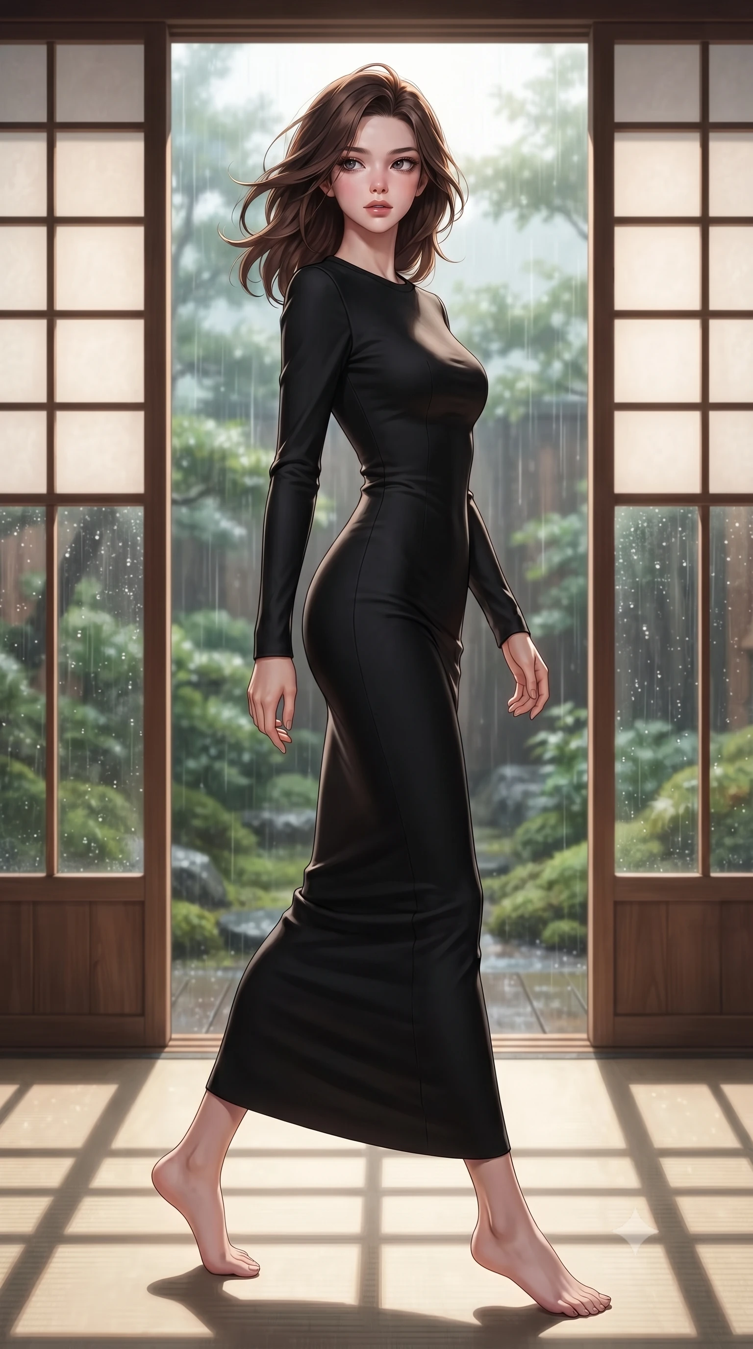 score_9, masterpiece, best quality, ultra-detailed, high-budget anime keyframe, editorial fashion photography, tasteful artistic composition, Korean woman. low angle full-body shot from head to toe showing her feet, filling the entire 9:16 vertical frame with her statuesque presence, stretching her vertical silhouette. stepping gracefully while looking back over her shoulder, her dress draped tightly to reveal her silhouette the background shows a soft-focus a ryokan hot spring cypress wood bath facing a rain-drenched moss garden. She has an absolutely perfect, statuesque 8.5-heads proportion, an exceptionally tall and slender model-like female figure with impossibly long slender legs and an ultra-slim waist. sharp v-shaped jawline, high-bridge nose, intricate jewel-like eyes with depth, thick eyelashes, glossy lips with a natural sheen. wearing a slim-fit form-fitting black bodycon dress in structured crepe fabric with a simple crew neck. soft late afternoon sunbeams casting long wooden grid shadows. ultra-reflective glossy finish, specular highlights, metallic sheen, high-contrast stereoscopic depth, volumetric dynamic lighting, 2k, ultra detail, master piece, 9:16 ratio