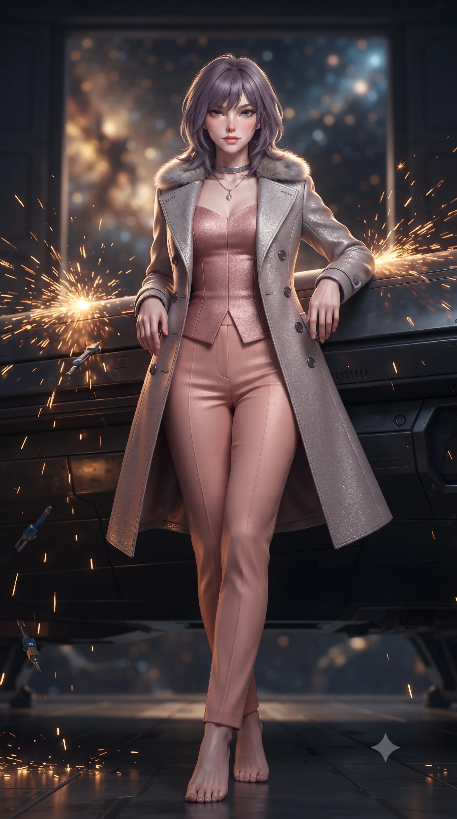 score_9, masterpiece, best quality, ultra-detailed, high-budget anime keyframe, editorial fashion photography, tasteful artistic composition, Japanese woman. low angle full-body shot from head to toe showing her feet, filling the entire 9:16 vertical frame with her statuesque presence, stretching her vertical silhouette. stepping slowly toward the camera with hypnotic grace, hips swaying in an alluring sensual rhythm that accentuates her curvy hourglass silhouette and long slender legs while lounging gracefully across the floating inspection platform propped on one elbow with legs extended, displaying her long slender limbs and statuesque hourglass silhouette against the colossal starship hull. The background shows a soft-focus cascades of golden welding sparks bouncing off dark starship armor, floating zero-g tools, and open hangar doors revealing distant star nebulae blurred into gold, copper, and sapphire bokeh. She has an exceptionally tall and slender model-like 8.5-heads proportion, an ultra-slim waist, a flat toned midriff, narrow delicate ribcage, and beautifully sculpted feminine hips creating a graceful, slim hourglass silhouette without any bulky heaviness, with impossibly long slender legs. sharp v-shaped jawline, high-bridge nose, intricate jewel-like sparkling eyes with depth, thick eyelashes, glossy parted lips with a natural peach sheen, bright cheerful beaming smile with an enchanting and coquettish sensual glint, exuding both youthful cute charm and seductive allure, flawlessly proportioned anatomical accuracy, strict slender model proportions, natural body alignment, perfectly sculpted long slender limbs, ultra-slim waistline, clean dynamic posture without body distortion. wearing a futuristic double-breasted arctic combat officer greatcoat with thermal fur-lined collar and tailored wool trousers in Solaris liquid rose-quartz and alien peach, tailored from high-density tech-wool with subtle metallic thread weave, finished with a minimalist chrome choker and a single teardrop diamond pendant, the bespoke structured tailoring following the natural line of her 8.5-heads silhouette with refined elegance. illuminated by dark hull reflection bounce and sharp molten-gold rim lights sculpting her razor-sharp jawline, narrow waist, and curvy hips. ultra-reflective glossy finish, specular highlights, rich textural contrasts, high-contrast stereoscopic depth, volumetric dynamic lighting, 2k, ultra detail, master piece, 9:16 ratio