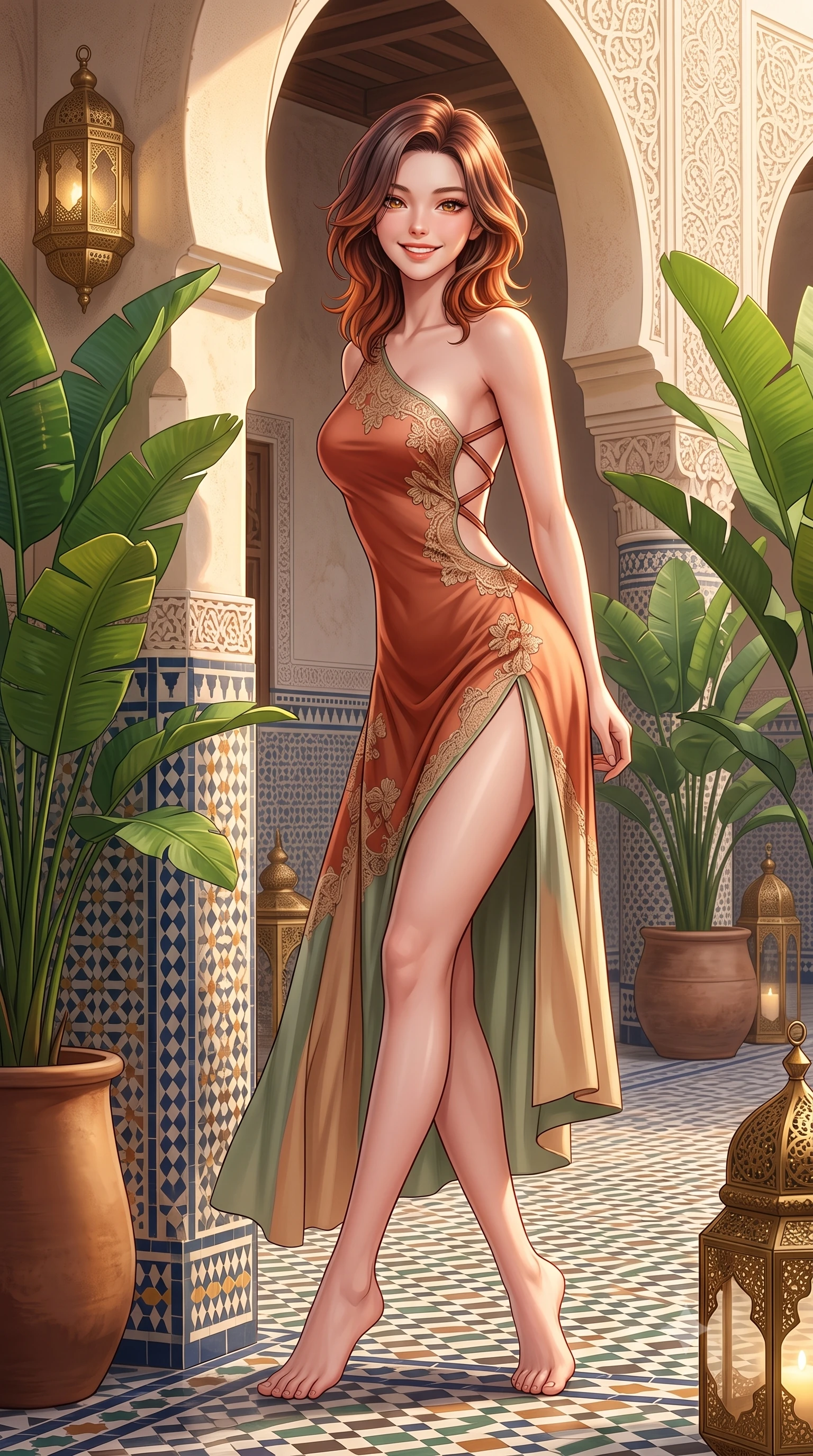 score_9, masterpiece, best quality, ultra-detailed, high-budget anime keyframe, semi-realistic 3D game render, editorial fashion photography, tasteful artistic composition, Korean woman. low angle full-body shot from head to toe showing her feet, filling the entire 9:16 vertical frame with her statuesque presence, stretching her vertical silhouette. leaning deep against the sunlit villa archway with hips cocked back in a cute yet unapologetically alluring high-fashion stance, flashing a warm beaming smile while twisting her slender torso in an alluring S-curve between giant potted banana palms, her form-contouring resort wear accentuating her narrow waist. The surrounding environment is rendered in vivid detail and crisp panoramic clarity. sharp geometric zellige ceramic tile patterns, carved plaster arabesque textures, and brass lantern filigree in deep focus. She has an exceptionally tall and slender model-like 8.5-heads proportion, an ultra-slim waist, a flat toned midriff, narrow delicate ribcage, and beautifully sculpted feminine hips creating a graceful, slim hourglass silhouette without any bulky heaviness, with impossibly long slender legs. sharp v-shaped jawline, high-bridge nose, sparkling amber-hazel eyes with depth, long lush eyelashes, glossy sun-kissed lips with a warm coral glaze, radiant teasing smile with sensual sunlit bedroom-eyes, exuding effortless old-money elegance and intoxicating sun-drenched allure, flawlessly proportioned anatomical accuracy, strict slender model proportions, natural body alignment, perfectly sculpted long slender limbs, ultra-slim waistline, clean dynamic posture without body distortion. wearing an asymmetrical one-shoulder terracotta silk slip dress featuring a high side hip slit and fluid drape in sage green and warm almond beige, crafted from sheer delicate crochet lace with intricate bohemian floral motifs, finished with criss-cross back satin straps highlighting her graceful shoulder blades, the precision-cut side openings and low-back scoop framing her graceful spine and the sensual sweep of her slim, sun-kissed hips. bathed in warm ambient evening light filtering down into the tranquil open-air courtyard. highly saturated vibrant anime colors, detailed shading with soft gradients, rich glossy textures, high-contrast stereoscopic depth, volumetric dynamic lighting, master piece, 9:16 ratio