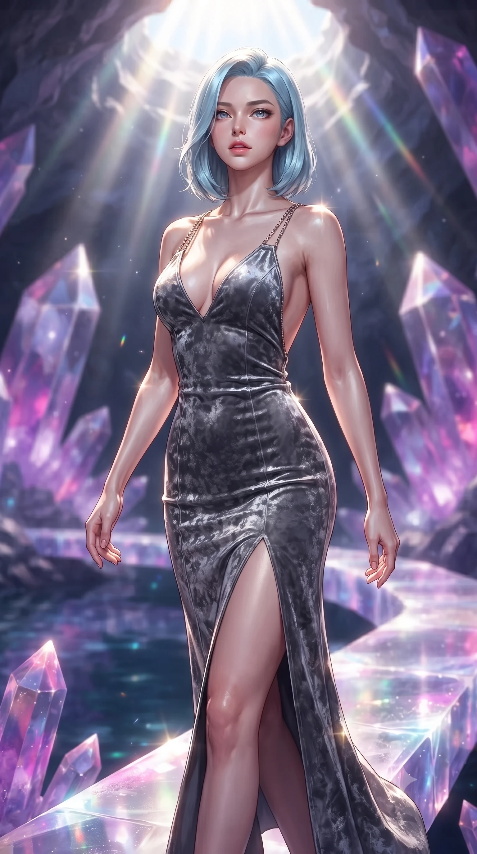 score_9, masterpiece, best quality, ultra-detailed, high-budget anime keyframe, editorial fashion photography, tasteful artistic composition, Korean woman. close-up cowboy shot from the waist and thighs up, the character dominates the composition, filling the frame with her large presence, background elements kept in soft focus. Tilting her chin up slightly with lips parted in a magnetic, composed expression stepping along a glowing quartz crystal bridge over a subterranean mirror lake, massive violet and magenta crystal facets scattering prismatic light rays. She has an exceptionally elegant, slender, and willowy female figure with an ultra-slim waist, a gracefully sculpted slender torso, and a refined silhouette. sharp v-shaped jawline, high-bridge nose, intricate jewel-like eyes with depth, thick eyelashes, glossy lips with a natural sheen. wearing a backless crushed velvet gown with a deep V-neckline and high thigh slit in charcoal grey and platinum, crafted from smooth liquid silk, adorned with delicate metallic chain straps along the neckline, the tailored fabric tightly following every curve of her athletic build. bathed in brilliant prismatic light filtering from a natural cavern skylight. ultra-reflective glossy finish, specular highlights, metallic sheen, high-contrast stereoscopic depth, volumetric dynamic lighting, 2k, ultra detail, master piece, 9:16 ratio