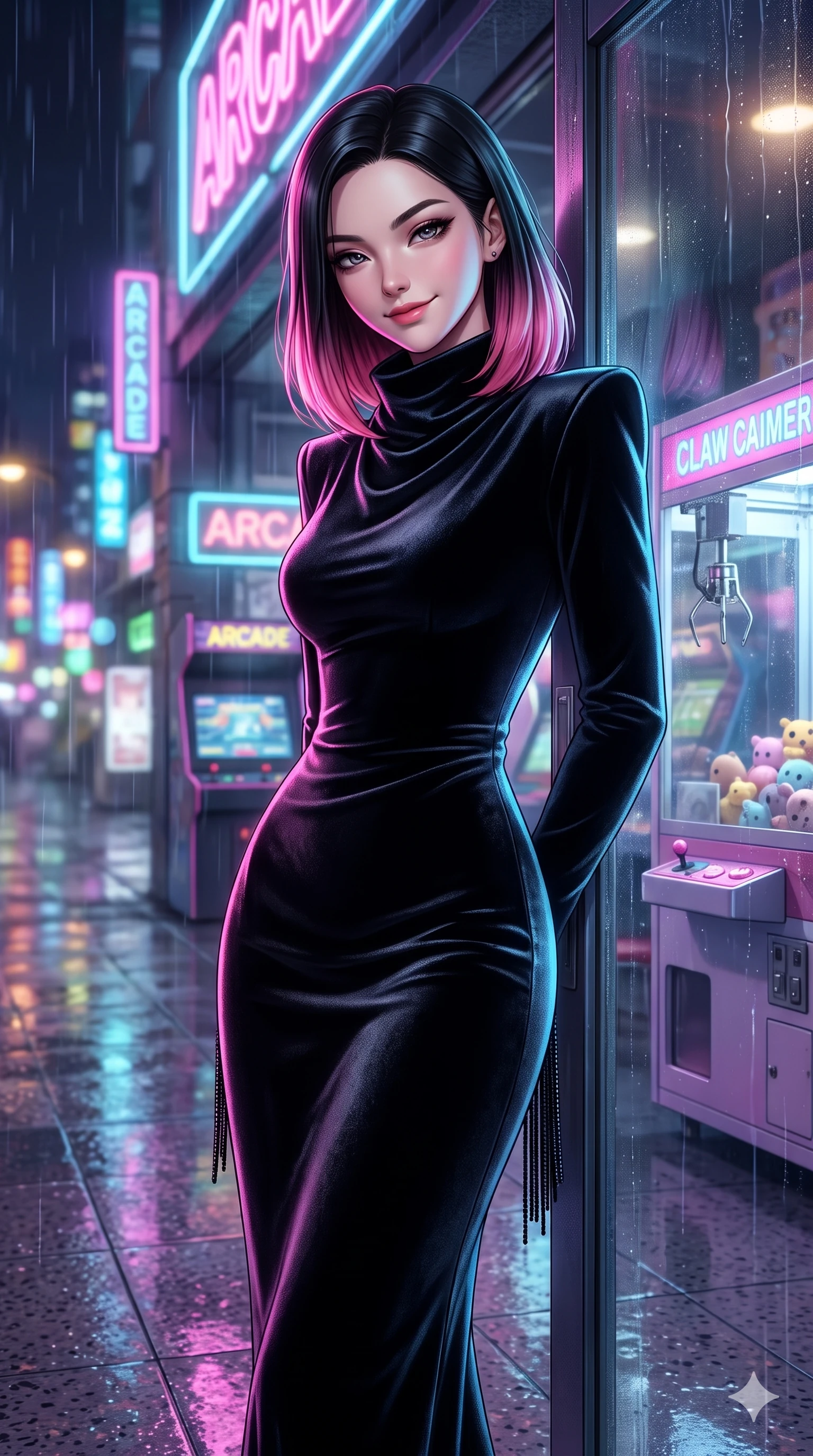 score_9, masterpiece, best quality, ultra-detailed, high-budget anime keyframe, semi-realistic 3D game render, editorial fashion photography, tasteful artistic composition, Korean woman. close-up cowboy shot from the waist and thighs up, the character dominates the composition, filling the frame with her large presence. twisting her slender torso in a deep contrapposto stance, hips dramatically shifted to accentuate her feminine curves while looking past her shoulder with smoldering bedroom-eyes while leaning against the wet arcade glass entrance beneath glowing anime neon signs, head tilted with a playful, flirtatious smile. The background shows a soft-focus multi-story neon arcade facades, glowing claw machine prize cases, and streaking rain reflections blurred into rainbow neon bokeh. She has an exceptionally elegant, slender, and willowy female figure with an ultra-slim waist, flat toned midriff, narrow ribcage, and sculpted feminine hips creating an alluring, slim hourglass silhouette without bulk. sharp v-shaped jawline, high-bridge nose, intricate jewel-like dark sparkling eyes with dangerous depth, thick curled eyelashes, glossy parted lips with a rich wine sheen, smoldering seductive half-smile with bedroom-eyes, exuding effortless superiority and intoxicating dark allure, flawlessly proportioned anatomical accuracy, strict slender model proportions, natural body alignment, perfectly sculpted long slender limbs, ultra-slim waistline, clean dynamic posture without body distortion. wearing a bespoke architectural wool-crepe column gown with high cowl neck and sharp structured shoulders in pure obsidian monochrome with subtle metallic sheen, tailored from crushed dark velvet with deep light-absorbing plush texture, accented with fine jet-black beaded tassels that sway with each movement, the bespoke structured tailoring following the natural line of her 8.5-heads silhouette with refined elegance. illuminated by wet terrazzo floor bounce and sharp neon-pink rim lights defining her razor-sharp jawline, narrow waist, and curvy hips. highly saturated vibrant anime colors, detailed shading with soft gradients, rich glossy textures, high-contrast stereoscopic depth, volumetric dynamic lighting, master piece, 9:16 ratio