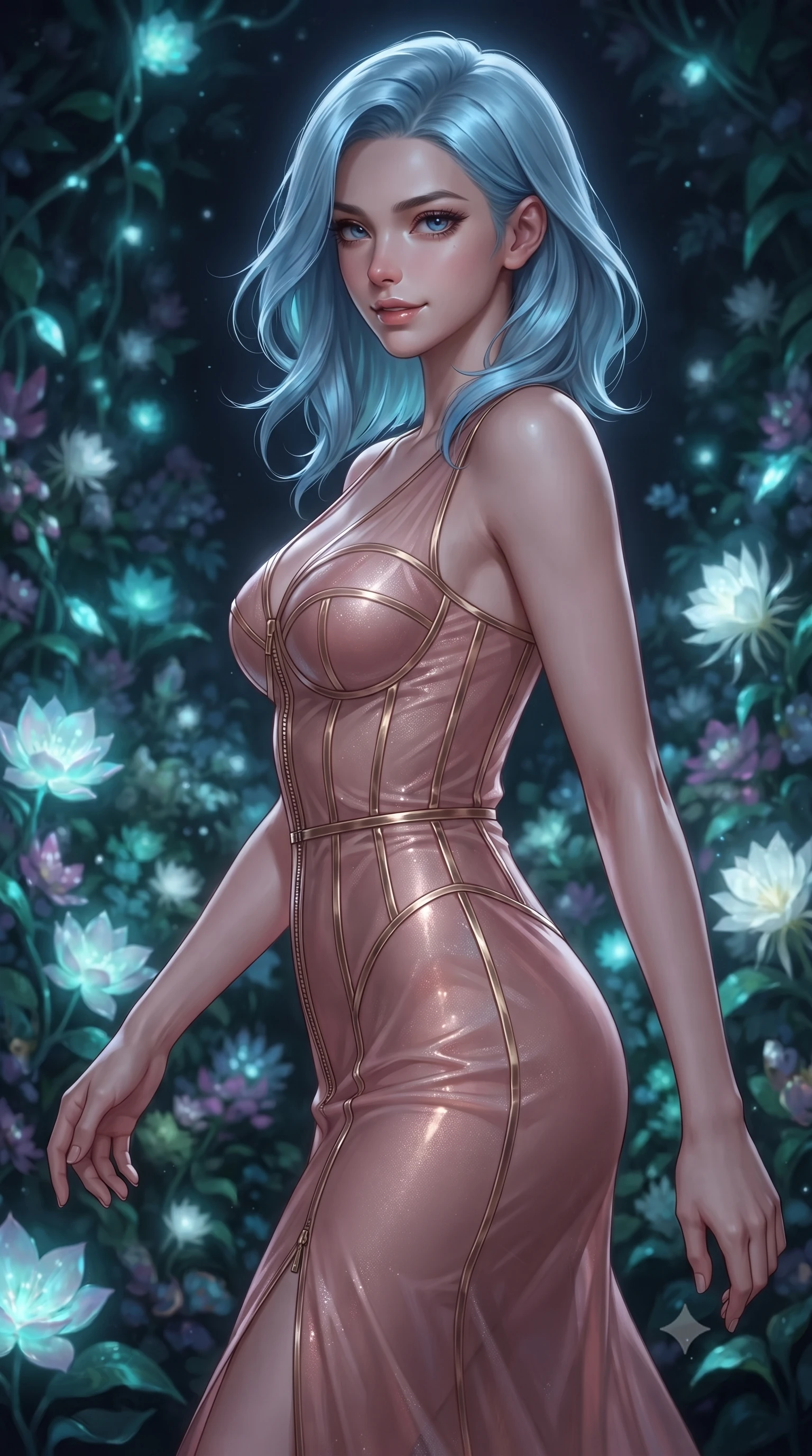 score_9, masterpiece, best quality, ultra-detailed, high-budget anime keyframe, editorial fashion photography, tasteful artistic composition, Korean woman. close-up cowboy shot from the waist and thighs up, the character dominates the composition, filling the frame with her large presence, background elements kept in soft focus. Glancing sidelong over her shoulder with a smoldering half-smile, walking through a shadowy garden filled with glowing opal lotus vines under a full moon, night-blooming white moonflowers emitting soft bioluminescent turquoise and silver light. She has an exceptionally elegant, slender, and willowy female figure with an ultra-slim waist, a gracefully sculpted slender torso, and a refined silhouette. sharp v-shaped jawline, high-bridge nose, intricate jewel-like eyes with depth, thick eyelashes, glossy lips with a natural sheen. wearing fitted opal-glazed silk maxi dress hugging every curve in rose-gold pink, made of sheer opal chiffon overlay, finished with metallic gold boning and sleek zipper points, sculpting her athletic slender build with refined precision. bathed in cold silver moonlight with subtle turquoise rim highlights. ultra-reflective glossy finish, specular highlights, metallic sheen, high-contrast stereoscopic depth, volumetric dynamic lighting, 2k, ultra detail, master piece, 9:16 ratio