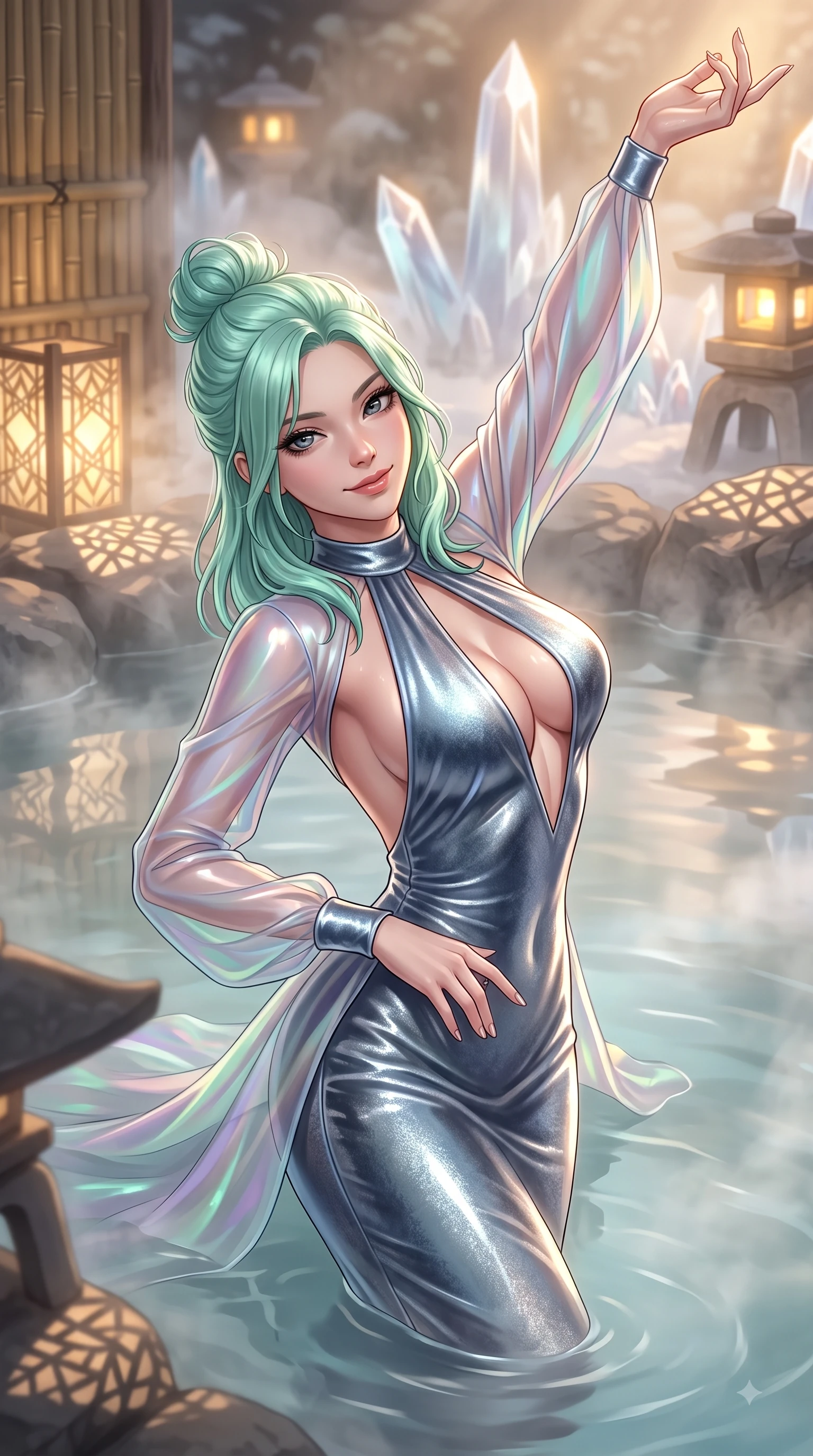 score_9, masterpiece, best quality, ultra-detailed, high-budget anime keyframe, editorial fashion photography, tasteful artistic composition, Japanese woman. close-up cowboy shot from the waist and thighs up, the character dominates the composition, filling the frame with her large presence, background elements kept in soft focus. Extending one arm in an elegant stretch toward the light while smiling with magnetic self-assurance while floating dynamically in a tranquil thermal pool as crystal spires reflect warm golden lantern light, bamboo partitions and stone lanterns casting peaceful organic stencil shadows. She has an exceptionally elegant, slender, and willowy female figure with an ultra-slim waist, a gracefully sculpted slender torso, and a refined silhouette. sharp v-shaped jawline, high-bridge nose, intricate jewel-like eyes with depth, thick eyelashes, glossy lips with a natural sheen, flawlessly proportioned anatomical accuracy, natural body alignment, perfectly sculpted elegant limbs, clean dynamic posture without body distortion. wearing a translucent iridescent chiffon gown with a plunging neckline and open back in slate blue and metallic silver, made of premium stretch velvet with a rich sheen, accented with a Tasteful chest slit framing her clavicle gracefully, the glove-like fit emphasizing her statuesque silhouette during motion. bathed in soft warm lantern light filtered through gentle thermal steam. ultra-reflective glossy finish, specular highlights, metallic sheen, high-contrast stereoscopic depth, volumetric dynamic lighting, 2k, ultra detail, master piece, 9:16 ratio