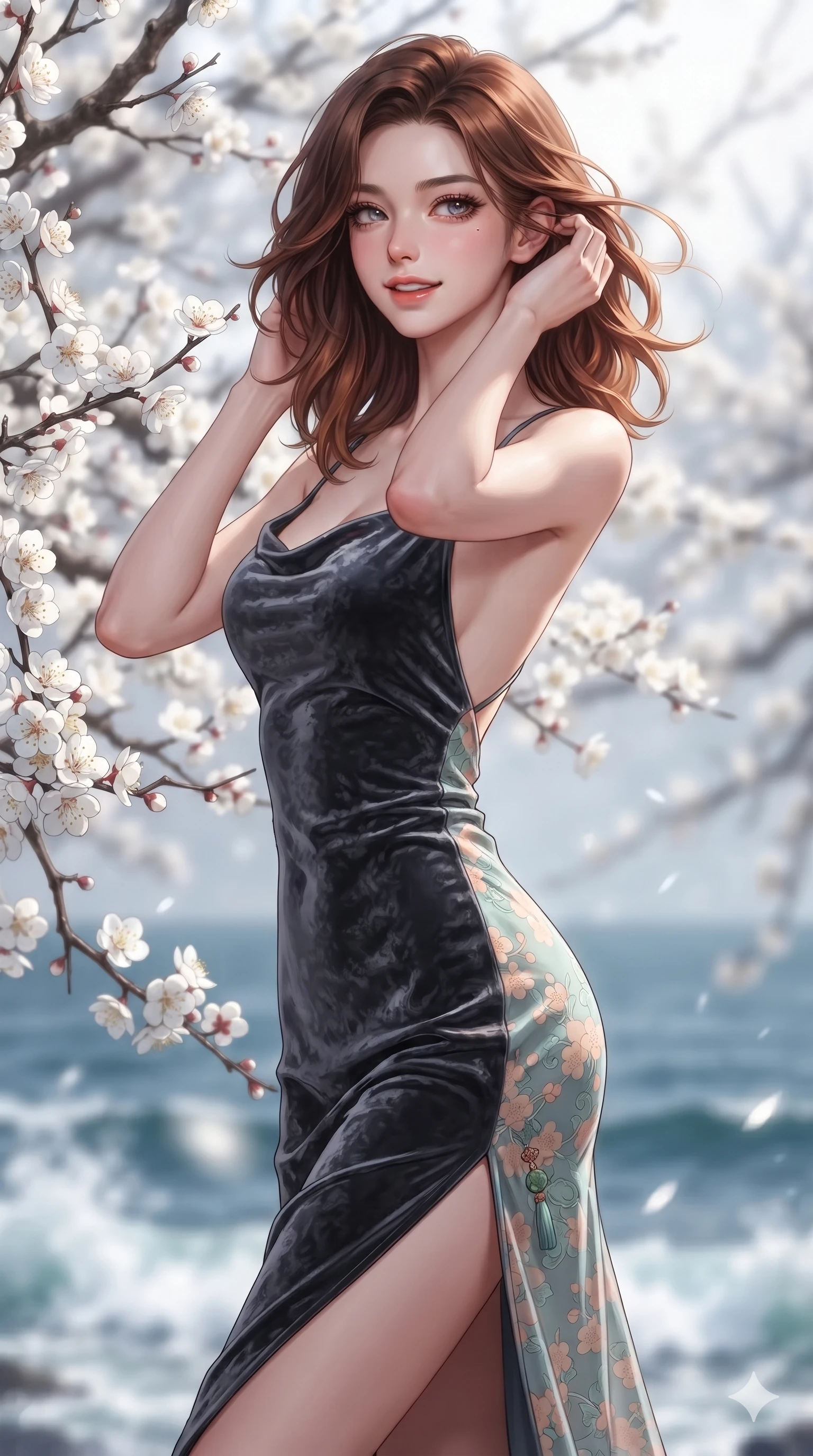 score_9, masterpiece, best quality, ultra-detailed, high-budget anime keyframe, editorial fashion photography, tasteful artistic composition, Korean woman. close-up cowboy shot from the waist and thighs up, the character dominates the composition, filling the frame with her large presence. gently brushing a lock of silk hair behind her ear while casting a playful, flirtatious side-gaze with long eyelashes while standing tall beside blooming white plum blossom branches, arching her spine with sovereign supermodel grace as sea breezes whip through her hair. The background shows a soft-focus cascading white plum blossoms, crashing ocean surf far below, and endless midnight sea horizon blurred into pure white, sapphire, and cobalt bokeh. She has an exceptionally elegant, slender, and willowy female figure with an ultra-slim waist, flat toned midriff, narrow ribcage, and sculpted feminine hips creating an alluring, slim hourglass silhouette without bulk. sharp v-shaped jawline, high-bridge nose, sparkling eyes with hypnotic seductive depth, thick curled eyelashes, glossy parted lips with a natural dewy peach sheen, alluring bedroom-eyes with an enchanting coquettish smile, exuding magnetic siren charisma and sophisticated glamour, flawlessly proportioned anatomical accuracy, strict slender model proportions, natural body alignment, perfectly sculpted long slender limbs, ultra-slim waistline, clean dynamic posture without body distortion. wearing a form-contouring gossamer silk chiffon slip dress with hip-high slit and open cowl back clinging with evening mist in pastel peach blossom and celadon porcelain blue, tailored from crushed dark velvet with deep light-absorbing plush texture, finished with authentic carved jade pendants and traditional norigae knots, the impeccably tailored cut draping gracefully along her slender figure with aristocratic eastern poise. illuminated by ocean surf seafoam bounce and sharp platinum-azure rim lights defining her razor-sharp jawline, narrow waist, and curvy hips. ultra-reflective glossy finish, specular highlights, rich textural contrasts, high-contrast stereoscopic depth, volumetric dynamic lighting, 2k, ultra detail, master piece, 9:16 ratio