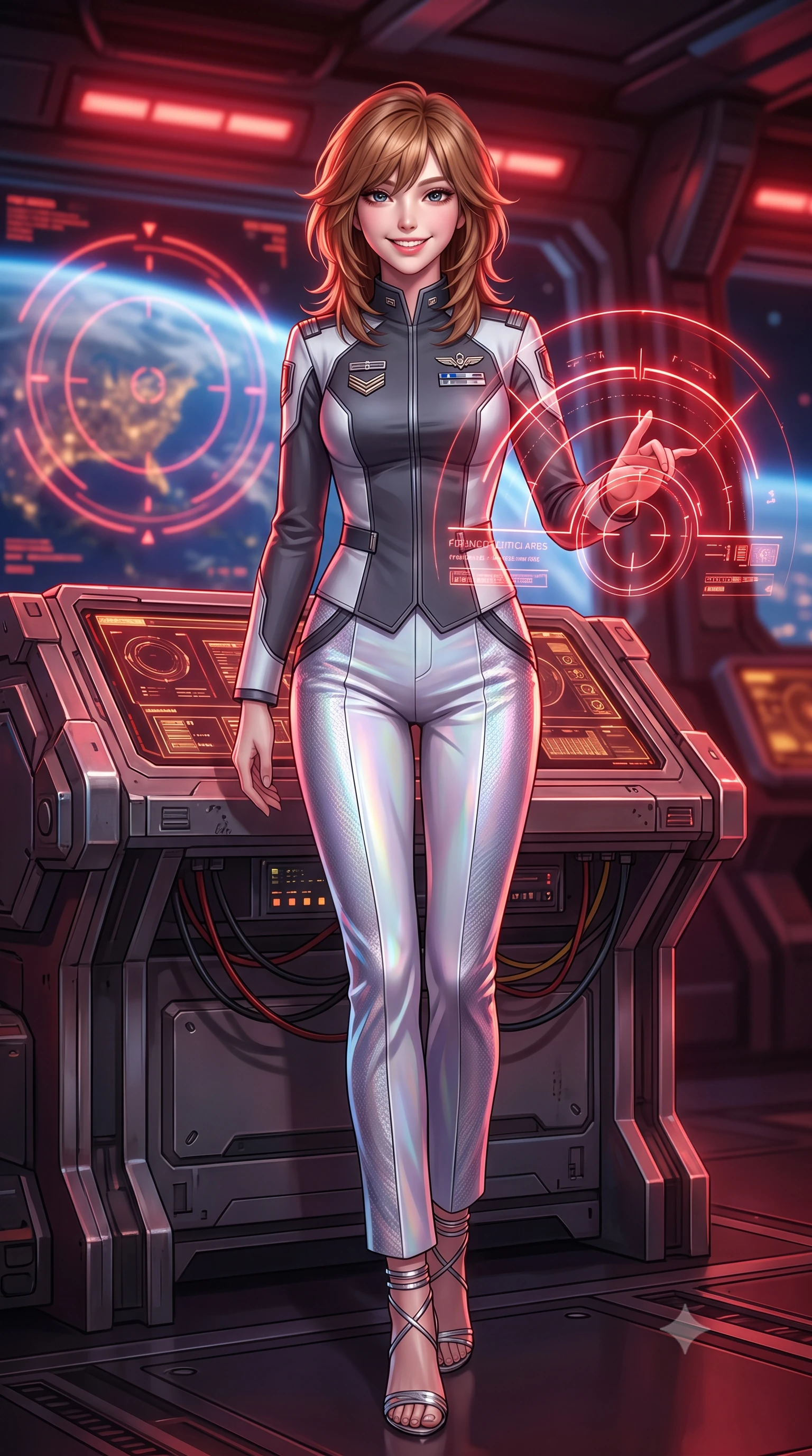score_9, masterpiece, best quality, ultra-detailed, high-budget anime keyframe, semi-realistic 3D game render, editorial fashion photography, tasteful artistic composition, Korean woman. low angle full-body shot from head to toe showing her feet, filling the entire 9:16 vertical frame with her statuesque presence, stretching her vertical silhouette. stepping slowly toward the camera with hypnotic grace, hips swaying in an alluring sensual rhythm that accentuates her curvy hourglass silhouette and long slender legs while leaning against the heavy gunnery console with hips cocked back, looking through glowing red holographic firing arcs with intoxicated smoldering bedroom-eyes. The background shows a soft-focus pulsing crimson battle stations strobes, circular targeting reticles over planetary continents, and massive hydraulic blast shutters blurred into crimson, amber, and cobalt bokeh. She has an exceptionally tall and slender model-like 8.5-heads proportion, an ultra-slim waist, a flat toned midriff, narrow delicate ribcage, and beautifully sculpted feminine hips creating a graceful, slim hourglass silhouette without any bulky heaviness, with impossibly long slender legs. sharp v-shaped jawline, high-bridge nose, intricate jewel-like sparkling eyes with depth, thick eyelashes, glossy parted lips with a natural peach sheen, bright cheerful beaming smile with an enchanting and coquettish sensual glint, exuding both youthful cute charm and seductive allure, flawlessly proportioned anatomical accuracy, strict slender model proportions, natural body alignment, perfectly sculpted long slender limbs, ultra-slim waistline, clean dynamic posture without body distortion. wearing a tailored orbital colony command uniform in dark grey and white paneling with rank insignia pins and tailored straight-leg trousers in iridescent mother-of-pearl and liquid molten silver, woven from structured carbon-fiber jacquard with rich textural depth, complemented by strappy stiletto sandals with metallic ankle wraps accentuating her slender calves, the impeccably tailored cut draping gracefully along her slender figure with aristocratic poise. bathed in moody 660nm deep crimson battle stations lighting mixed with cool blue planetary city-light radiance. highly saturated vibrant anime colors, detailed shading with soft gradients, rich glossy textures, high-contrast stereoscopic depth, volumetric dynamic lighting, master piece, 9:16 ratio