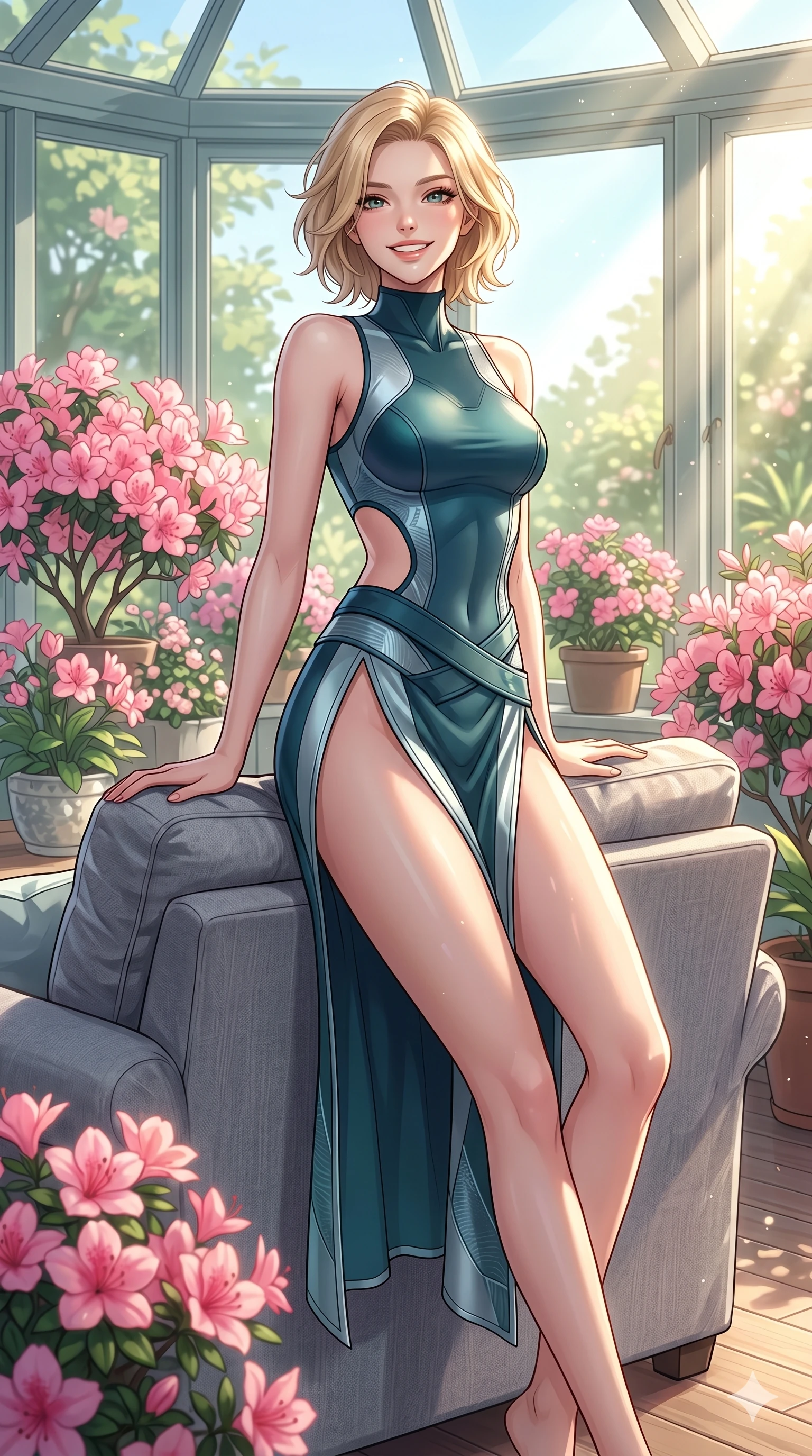 score_9, masterpiece, best quality, ultra-detailed, high-budget anime keyframe, vibrant anime aesthetic, Caucasian woman, strictly human ears. cowboy shot from the thighs up, character and outfit filling the frame for maximum presence. She is leaning back against a sofa with a bright, radiant smile on her face inside a conservatory room with pink azaleas (Code-P20-111). She has an absolutely perfect 8-heads proportion, an exceptionally tall and slender female figure with impossibly long slender legs and an ultra-slim waist. V-shaped jawline, high-bridge nose, intricate jewel-like eyes with depth, thick eyelashes, glossy lips with a natural sheen. wearing a neoprene bodysuit with side cutouts and high-slit wrap. She is lit from the side by bright sun rays, tracing the contours of her body in the morning. 2k, ultra detail, master piece, 9:16 ratio
