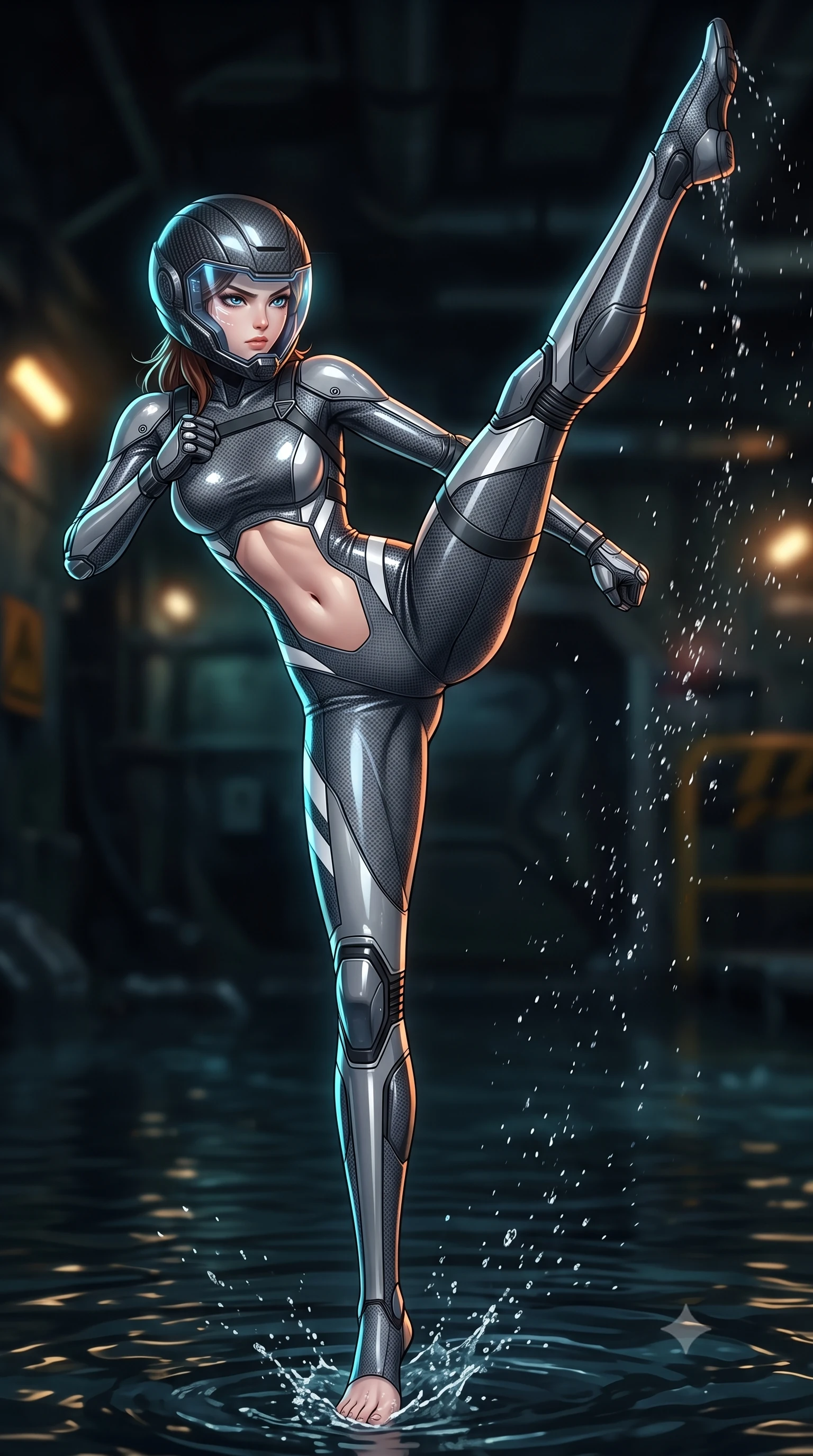 score_9, masterpiece, best quality, ultra-detailed, high-budget anime keyframe, semi-realistic 3D game render, editorial fashion photography, tasteful artistic composition, Korean woman. low angle full-body shot from head to toe showing her feet, filling the entire 9:16 vertical frame with her statuesque presence, stretching her vertical silhouette. executing a breathtaking zero-gravity high-kick with full 180-degree vertical extension, her impossibly long slender legs dominating the frame with razor-sharp poise while striding through knee-deep dark water with unwavering momentum, her long slender legs and athletic torso cutting through the tide. The composition keeps background elements in soft focus with creamy bokeh. sparkling water spray beads catching industrial warning light motes across a dark subterranean backdrop. She has an absolutely perfect, statuesque 8.5-heads proportion, an exceptionally tall and slender model-like female figure with impossibly long slender legs, a toned flat midriff, and an ultra-slim waist. sharp v-shaped jawline, high-bridge nose, intricate jewel-like eyes with depth, thick eyelashes, glossy lips with a natural sheen, fierce and resolute heroine expression, flawlessly proportioned anatomical accuracy, strict slender model proportions, natural body alignment, perfectly sculpted long slender limbs, ultra-slim waistline, clean dynamic posture without body distortion. wearing an open-face aerodynamic carbon-fiber combat helmet with a retracted transparent holographic HUD visor framing her sharp jawline and jewel-like eyes, paired with an ultra-sleek high-gloss carbon-composite exoskeleton suit featuring kinetic shock-absorbing shin guards and flexible limb articulation joints in storm-grey carbon mesh with high-contrast white hazard stripes, made of liquid carbon-jersey fabric accentuating every curve of her tall, slender model proportions, complemented by criss-cross back harness straps highlighting her completely bare spine, the sleek second-skin cut tightly hugging her graceful clavicle, narrow waist, and feminine curves with athletic precision. surrounded by an agile, lethal, and breathtakingly athletic aquatic infiltration operative aura. rich saturated anime colors with glowing neon highlights, detailed shading with soft gradients, rich glossy textures, high-contrast stereoscopic depth, volumetric dynamic lighting, master piece, 9:16 ratio