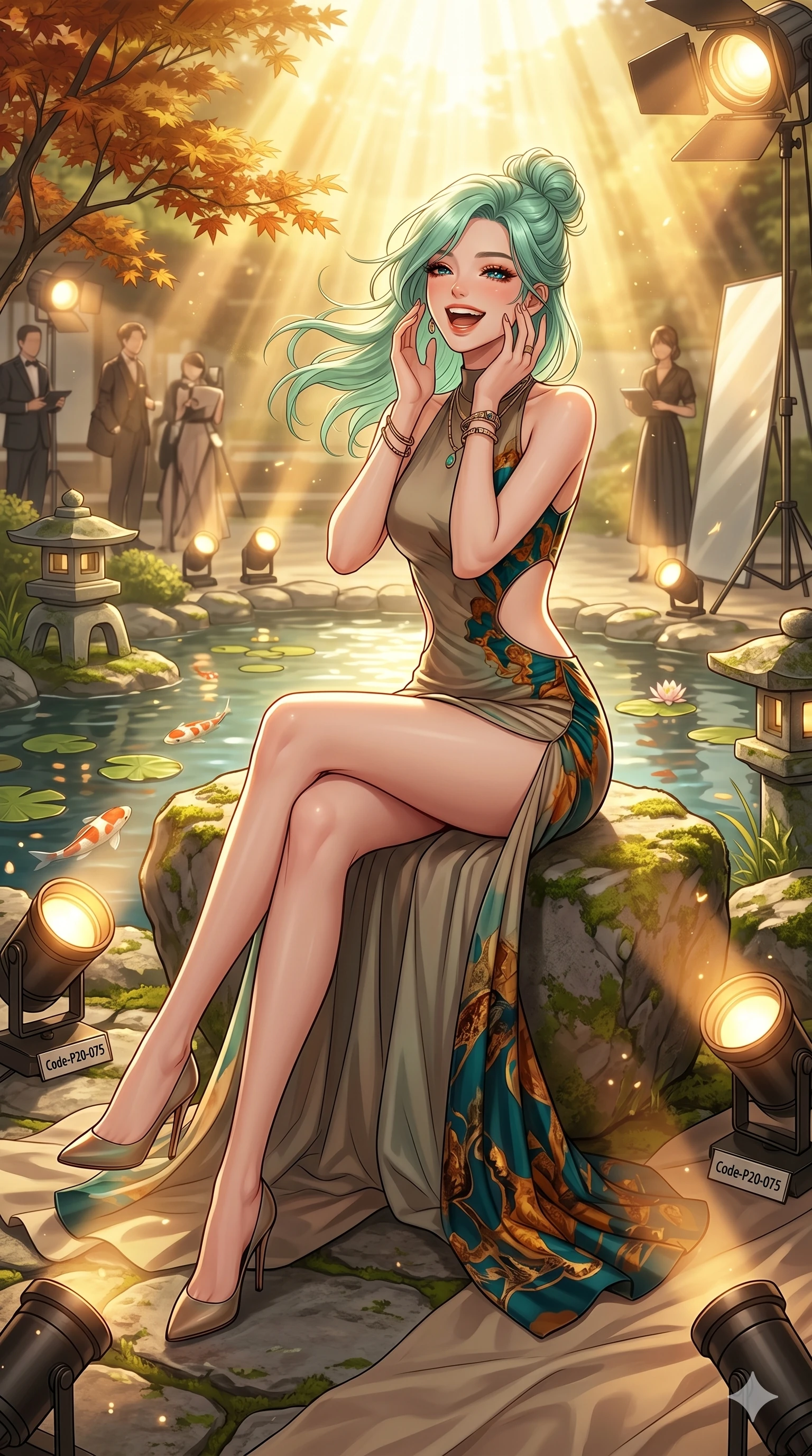score_9, masterpiece, best quality, ultra-detailed, high-budget anime keyframe, vibrant anime aesthetic, Japanese woman. cowboy shot from the thighs up, character and outfit filling the frame for maximum presence. She is sitting by the garden pond, laughing wind-swept and happy in the sunbeams inside a high-fashion editorial set with warm spot lights (Code-P20-075). She has an absolutely perfect 8-heads proportion, an exceptionally tall and slender female figure with impossibly long slender legs and an ultra-slim waist. V-shaped jawline, high-bridge nose, intricate jewel-like eyes with depth, thick eyelashes, glossy lips with a natural sheen. wearing a bodycon dress with side cut-outs and high-slit leg line. She is brilliant golden rays radiating from the spring sky, creating a warm glowing atmosphere. 2k, ultra detail, master piece, 9:16 ratio