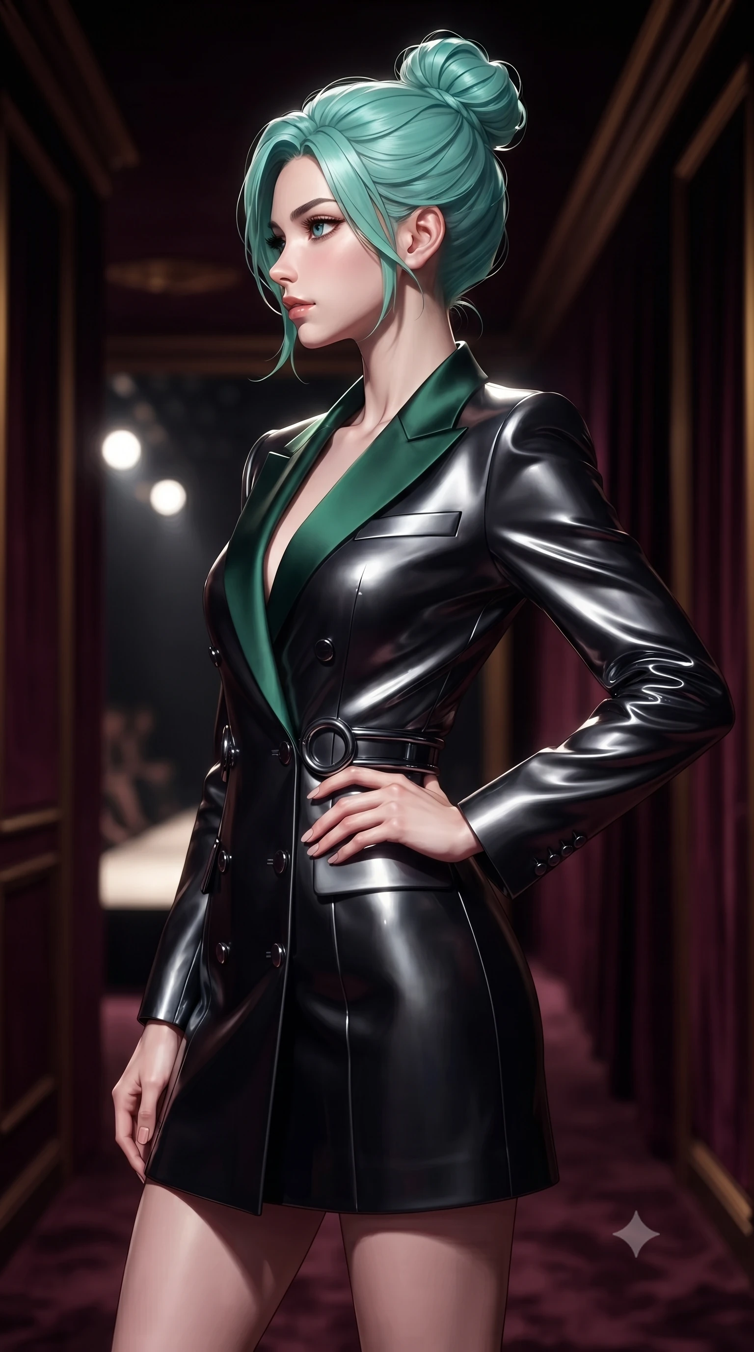 score_9, masterpiece, best quality, ultra-detailed, high-budget anime keyframe, editorial fashion photography, tasteful artistic composition, Japanese woman. close-up cowboy shot from the waist and thighs up, the character dominates the composition, filling the frame with her large presence, background elements kept in soft focus. Turning her face in sharp dramatic profile against the key light, walking along a private velvet-lined hallway connecting the runway and lounge, magnetic power pose with one hand resting gracefully on her hip. She has an exceptionally elegant, slender, and willowy female figure with an ultra-slim waist, a gracefully sculpted slender torso, and a refined silhouette. sharp v-shaped jawline, high-bridge nose, intricate jewel-like eyes with depth, thick eyelashes, glossy lips with a natural sheen. wearing tailored double-breasted obsidian blazer dress with silk lapels in deep emerald green, made of sculpted obsidian metallic chrome, accented with sculpted obsidian chrome rings at the waist, sculpting her athletic slender build with refined precision. bathed in high-contrast studio spotlighting with crisp specular glints. ultra-reflective glossy finish, specular highlights, metallic sheen, high-contrast stereoscopic depth, volumetric dynamic lighting, 2k, ultra detail, master piece, 9:16 ratio