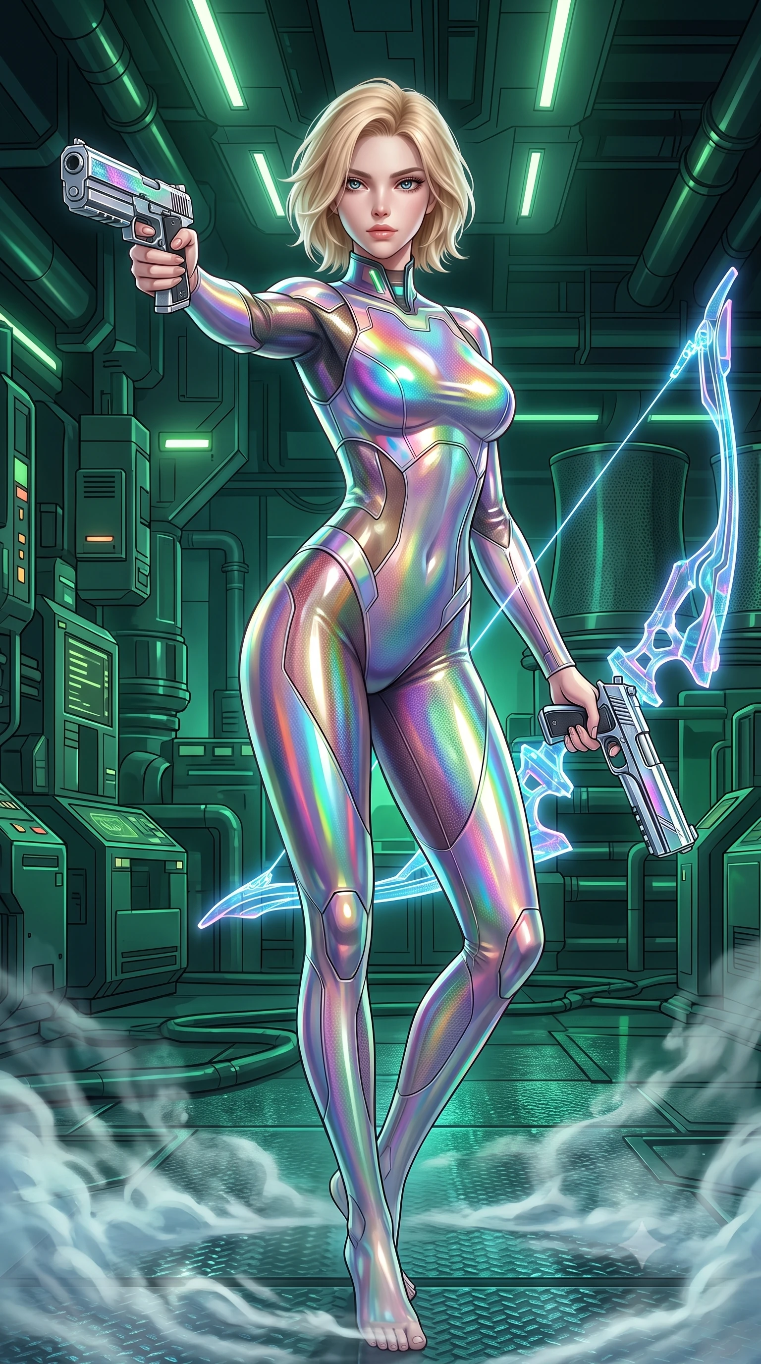 score_9, masterpiece, best quality, ultra-detailed, high-budget anime keyframe, semi-realistic 3D game render, editorial fashion photography, tasteful artistic composition, Caucasian woman. close-up cowboy shot from the waist and thighs up, the character dominates the composition, filling the frame with her large presence. twisting her upper body in a dynamic S-curve combat stance, one hand steadying her weapon with commanding supermodel allure while resting her holographic bow with calm sovereign authority as swirling coolant mist flows around her slender ankles. The surrounding environment is rendered in vivid detail and crisp panoramic clarity. rich emerald chiaroscuro and high-tech subterranean power plant architecture captured with sharpness. She has an exceptionally elegant, slender, and willowy female figure with an ultra-slim waist, a gracefully sculpted slender torso, toned flat midriff, and a refined slim silhouette. sharp v-shaped jawline, high-bridge nose, intricate jewel-like eyes with depth, thick eyelashes, glossy lips with a natural sheen, flawlessly proportioned anatomical accuracy, strict slender model proportions, natural body alignment, perfectly sculpted long slender limbs, ultra-slim waistline, clean dynamic posture without body distortion. wearing a high-gloss iridescent rainbow carbon-weave bodysuit with translucent cybernetic panels, brandishing dual sleek chrome particle beam pistols in a dynamic combat stance in high-gloss iridescent rainbow carbon with prism holographic sheen, made of liquid carbon-jersey fabric adhering flawlessly to her sculpted silhouette, featuring a sleek aerodynamic collar framed by subtle glowing cybernetic status LEDs, the form-contouring material adhering flawlessly to her sculpted flat midriff and slender torso, emphasizing her long leg lines and perfectly proportioned willowy build. illuminated by crisp white key lighting with sharp specular highlights tracing her slender curves. rich saturated anime colors with glowing neon highlights, detailed shading with soft gradients, rich glossy textures, high-contrast stereoscopic depth, volumetric dynamic lighting, master piece, 9:16 ratio