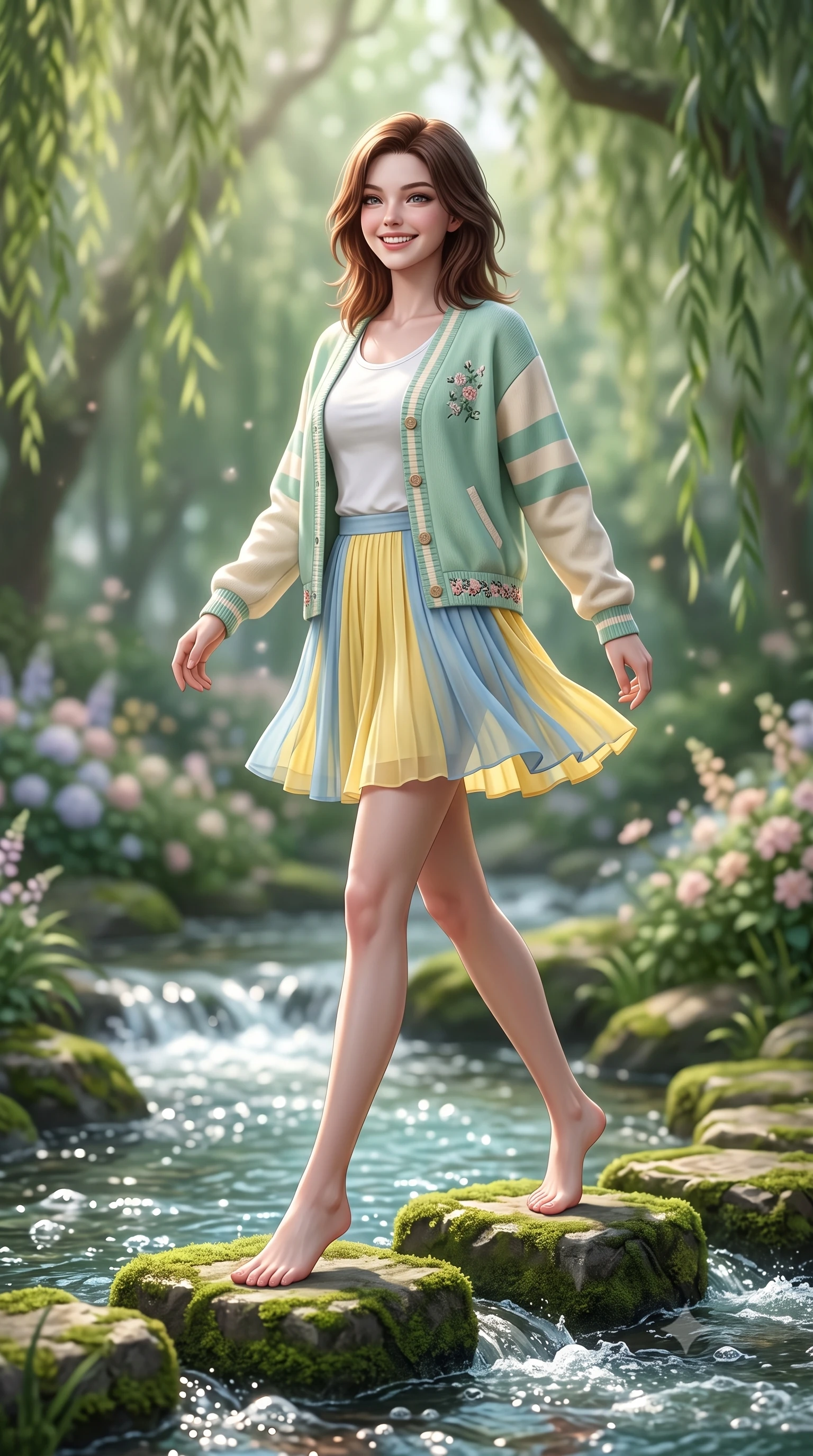 score_9, masterpiece, best quality, ultra-detailed, high-budget anime keyframe, semi-realistic 3D game render, editorial fashion photography, tasteful artistic composition, Korean woman. low angle full-body shot from head to toe showing her feet, filling the entire 9:16 vertical frame with her statuesque presence, stretching her vertical silhouette. walking forward in a cheerful, dynamic stride with a radiant beaming smile, her statuesque silhouette filling the frame while stepping lightly across mossy stepping stones over a bubbling creek, her balance effortlessly graceful and poised. The composition keeps background elements in soft focus with creamy bokeh. ancient weeping willow branches and blooming woodland blossoms softened in dreamy shallow focus. She has an absolutely perfect, statuesque 8.5-heads proportion, an exceptionally tall and slender model-like female figure with impossibly long slender legs, a toned flat midriff, and an ultra-slim waist. sharp v-shaped jawline, high-bridge nose, intricate jewel-like eyes with depth, thick eyelashes, glossy lips with a natural sheen, pure and lovely fresh girlhood expression, flawlessly proportioned anatomical accuracy, strict slender model proportions, natural body alignment, perfectly sculpted long slender limbs, ultra-slim waistline, clean dynamic posture without body distortion. wearing a chic pastel varsity cardigan over a simple white scoop-neck tee and a pleated mini skirt in sunny daffodil yellow and french blue, made of fine lightweight chiffon with a soft fluid drape, complemented by subtle floral embroidery along the neckline and hem, the chic real-way fashion cut emphasizing her effortless charm, flat midriff, and slender model proportions. illuminated by soft emerald forest bounce light accentuating her natural beauty and lovely outfit. highly saturated vibrant anime colors, detailed shading with soft gradients, rich glossy textures, high-contrast stereoscopic depth, volumetric dynamic lighting, master piece, 9:16 ratio