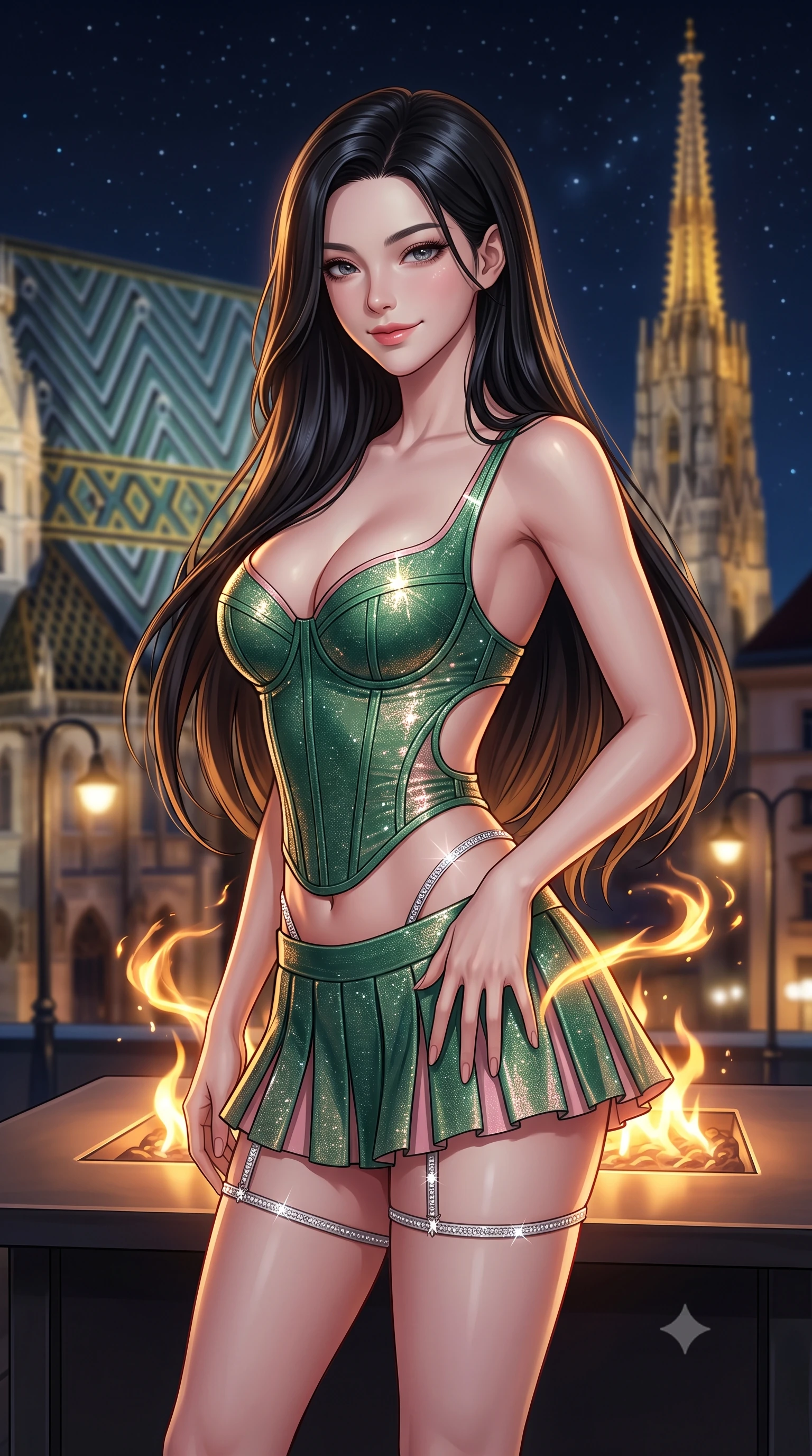 score_9, masterpiece, best quality, ultra-detailed, high-budget anime keyframe, semi-realistic 3D game render, editorial fashion photography, tasteful artistic composition, Korean woman. close-up cowboy shot from the waist and thighs up, the character dominates the composition, filling the frame with her large presence. tilting her head with a teasing half-smile, running one hand slowly down the side of her hip in a flirtatious S-curve as ambient light caresses her silhouette while twisting her slender torso in an alluring contrapposto stance beside the rooftop fire table, golden flame ribbons tracing her narrow waist and hips. The background shows a soft-focus diamond-patterned glazed tile roof and illuminated spire of St. Stephen's Cathedral, historic boulevard streetlights, and starry sky blurred into topaz, sapphire, and obsidian bokeh. She has an exceptionally elegant, slender, and willowy female figure with an ultra-slim waist, flat toned midriff, narrow ribcage, and sculpted feminine hips creating an alluring, slim hourglass silhouette without bulk. sharp v-shaped jawline, high-bridge nose, intricate jewel-like sparkling eyes with depth, thick eyelashes, glossy parted lips with a natural peach sheen, bright cheerful beaming smile with an enchanting and coquettish sensual glint, exuding both youthful cute charm and seductive allure, flawlessly proportioned anatomical accuracy, strict slender model proportions, natural body alignment, perfectly sculpted long slender limbs, ultra-slim waistline, clean dynamic posture without body distortion. wearing a structured boned corset top paired with an ultra-short low-rise pleated micro mini skirt in Beverly Hills vintage banana-leaf emerald and blush pink, woven from stretch metallic lurex jersey casting radiant starlight glints across her curves, finished with delicate crystal-encrusted thigh garter straps glinting in the dim light, the precision-cut side openings and low-back scoop framing her graceful spine and the sensual sweep of her slim, toned hips. bathed in the contrast of warm 2200K fire table hearth glow and cool midnight sky fill with golden cathedral floodlights. highly saturated vibrant anime colors, detailed shading with soft gradients, rich glossy textures, high-contrast stereoscopic depth, volumetric dynamic lighting, master piece, 9:16 ratio