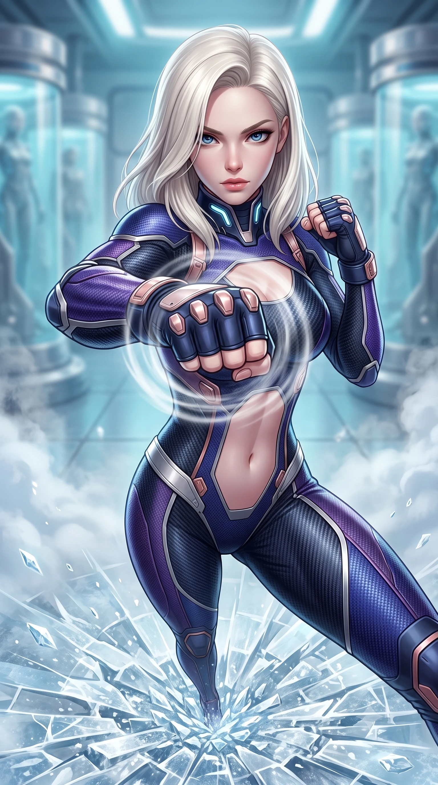 score_9, masterpiece, best quality, ultra-detailed, high-budget anime keyframe, semi-realistic 3D game render, editorial fashion photography, tasteful artistic composition, Caucasian woman. close-up cowboy shot from the waist and thighs up, the character dominates the composition, filling the frame with her large presence. thrusting a high-speed kinetic punch toward the camera, a visible conical shockwave distortion wrapping around her sleek carbon forearm while stomping forcefully onto the frozen laboratory floor, sending a radial shockwave of shattered ice and diamond frost across the room. The composition keeps background elements in soft focus with creamy bokeh. drifting cryogenic frost vapor and frozen glass pods blurred into radiant cyan, silver, and pale blue bokeh. She has an exceptionally elegant, slender, and willowy female figure with an ultra-slim waist, a gracefully sculpted slender torso, toned flat midriff, and a refined slim silhouette. sharp v-shaped jawline, high-bridge nose, intricate jewel-like eyes with depth, thick eyelashes, glossy lips with a natural sheen, flawlessly proportioned anatomical accuracy, strict slender model proportions, natural body alignment, perfectly sculpted long slender limbs, ultra-slim waistline, clean dynamic posture without body distortion. wearing a statuesque midnight cobalt carbon-fiber battle-suit with platinum trim, reinforced kinetic palm plates, and an ultra-slim waistline in royal purple carbon fiber with rose-gold hardware and clasps, tailored from flexible second-skin carbon-mesh that clings flawlessly to her athletic curves, featuring a sleek aerodynamic collar framed by subtle glowing cybernetic status LEDs, the precision-cut daring openings accentuating her delicate midriff, graceful bare collarbones, and ultra-slim feminine waistline. surrounded by a cool, lethal, and breathtakingly alluring frost-martial-goddess aura. rich saturated anime colors with glowing neon highlights, detailed shading with soft gradients, rich glossy textures, high-contrast stereoscopic depth, volumetric dynamic lighting, master piece, 9:16 ratio