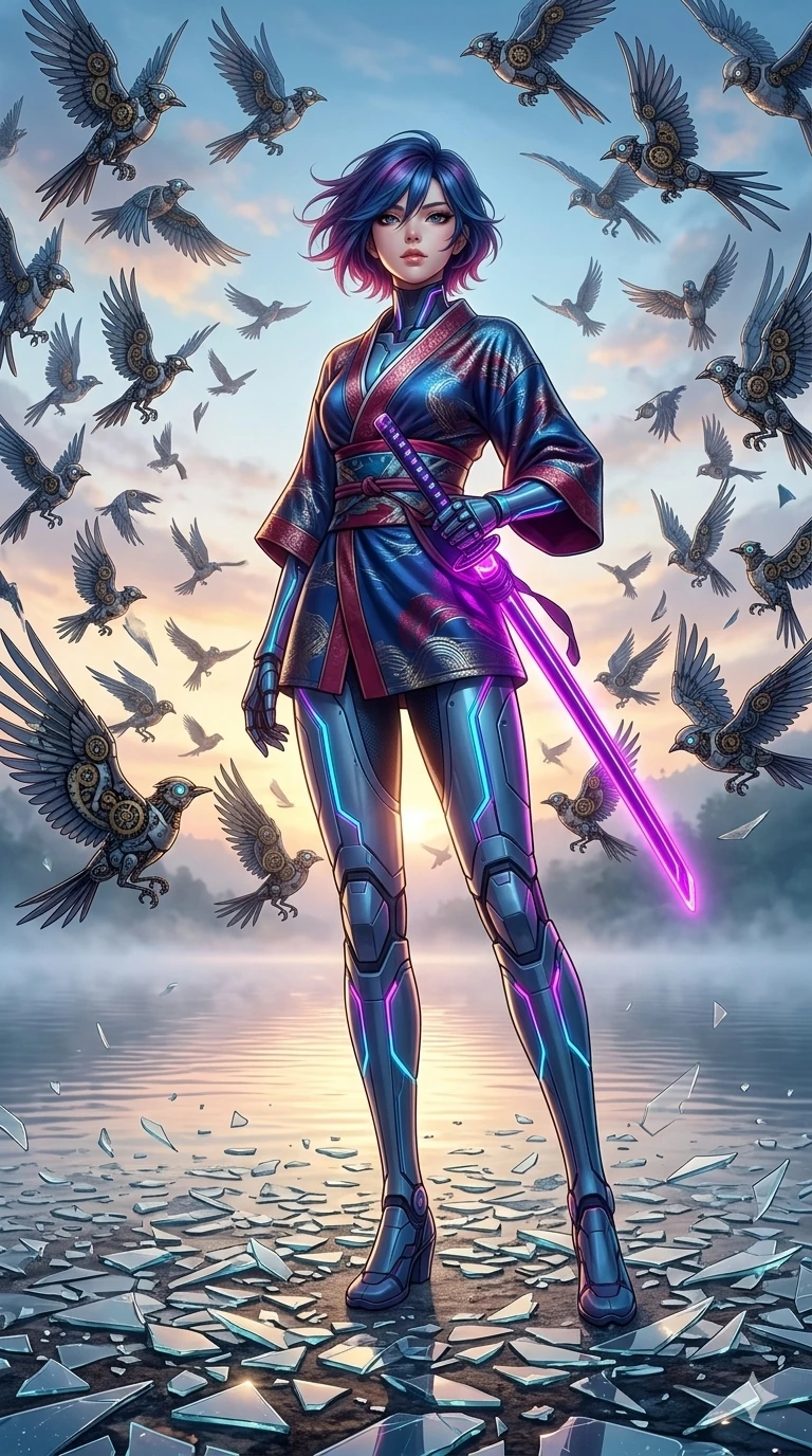 score_9, masterpiece, best quality, ultra-detailed, Set A: High-budget Anime Keyframe, Korean woman. Low angle cowboy shot filling the entire 9:16 frame with her statuesque presence. Floating through a virtual reality void, as gravity fails and everything around her floats in state 156 and surrounded by shattered glass fragments. She has an absolutely perfect 8-heads proportion, an exceptionally tall and slender female figure with impossibly long slender legs and an ultra-slim waist. Sharp v-shaped jawline, high-bridge nose, intricate jewel-like eyes with depth, thick eyelashes, glossy lips with a natural sheen. Wearing Athleisure set with a ribbed sports bra, sheer windbreaker, and glowing energy seams. Cinematic lighting, vibrant colors, dramatic shadows, 2k, ultra detail, master piece, 9:16 ratio