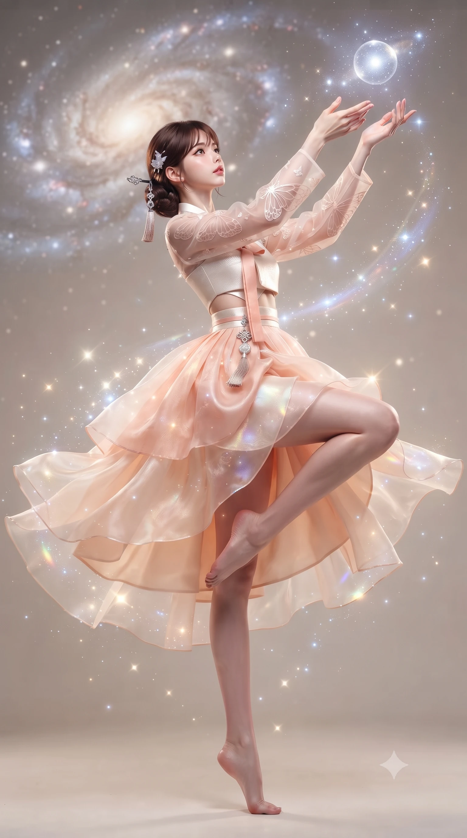 score_9, masterpiece, best quality, ultra-detailed, high-budget anime keyframe, editorial fashion photography, tasteful artistic composition, Korean woman. low angle full-body shot from head to toe showing her feet, filling the entire 9:16 vertical frame with her statuesque presence, stretching her vertical silhouette. pivoting dynamically with supreme athletic balance and poise, her impossibly long slender legs creating a breathtaking line while reaching out gracefully toward a floating orb of starlight, her long slender legs and willowy torso extended in pure dancer poise. The composition keeps background elements in soft focus with creamy bokeh. glowing starlight flecks and iridescent fabric sparkles scattering cosmic radiant light motes. She has an absolutely perfect, statuesque 8.5-heads proportion, an exceptionally tall and slender model-like female figure with impossibly long slender legs, a toned flat midriff, and an ultra-slim waist. sharp v-shaped jawline, high-bridge nose, intricate jewel-like eyes with depth, thick eyelashes, glossy lips with a natural sheen, captivating and magnetic expression, flawlessly proportioned anatomical accuracy, strict slender model proportions, natural body alignment, perfectly sculpted long slender limbs, ultra-slim waistline, clean dynamic posture without body distortion. wearing a modern fusion silk hanbok dress with sheer organza butterfly sleeves and a structured mother-of-pearl bodice in soft peach blossom pink and warm ivory, crafted from traditional Korean gossamer silk organza with pearlescent luster, accented with a glowing metallic norigae knot charm and silver hairpin, the precision-cut daring openings accentuating her delicate midriff, graceful bare collarbones, and ultra-slim feminine waistline. surrounded by an immortal, transcendent, and breathtakingly majestic cosmos empress aura. ultra-reflective glossy finish, specular highlights, rich textural contrasts, high-contrast stereoscopic depth, volumetric dynamic lighting, 2k, ultra detail, master piece, 9:16 ratio