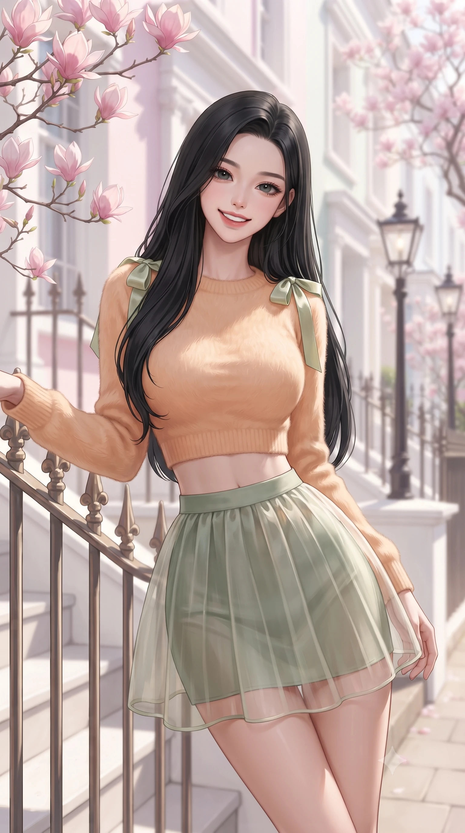 score_9, masterpiece, best quality, ultra-detailed, high-budget anime keyframe, editorial fashion photography, tasteful artistic composition, Korean woman. close-up cowboy shot from the waist and thighs up, the character dominates the composition, filling the frame with her large presence. leaning back against the sunlit railing with relaxed seductive grace, her flat midriff and narrow waist highlighted as she smiles brightly with bewitching eyes while standing on the white stone steps of a pastel-pink Victorian townhouse, arching her back with a bright, charming smile under blooming magnolia flowers. The composition keeps background elements in soft focus with dreamy creamy bokeh. pastel-painted Victorian townhouses, blooming pink magnolia trees, and vintage streetlamps blurred into soft rose, baby-blue, and cream bokeh. She has an exceptionally elegant, slender, and willowy female figure with an ultra-slim waist, flat toned midriff, narrow ribcage, and sculpted feminine hips creating an alluring, slim hourglass silhouette without bulk. sharp v-shaped jawline, high-bridge nose, intricate jewel-like sparkling eyes with depth, thick eyelashes, glossy parted lips with a natural peach sheen, bright cheerful beaming smile with an enchanting and coquettish sensual glint, exuding both youthful cute charm and seductive allure, flawlessly proportioned anatomical accuracy, strict slender model proportions, natural body alignment, perfectly sculpted long slender limbs, ultra-slim waistline, clean dynamic posture without body distortion. wearing a soft angora crop knit sweater with a sheer pleated organza mini skirt over an opaque silk slip in soft apricot and sage green, formed from supple second-skin stretch ribbed knit clinging to her form, finished with cute satin bow ribbons tying at the shoulders, the high-waisted tailoring accentuating her ultra-slim waistline and the enchanting curve of her feminine hips with alluring charm. bathed in gentle, luminous British spring sunshine and clean street ambient fill. ultra-reflective glossy finish, specular highlights, rich textural contrasts, high-contrast stereoscopic depth, volumetric dynamic lighting, 2k, ultra detail, master piece, 9:16 ratio