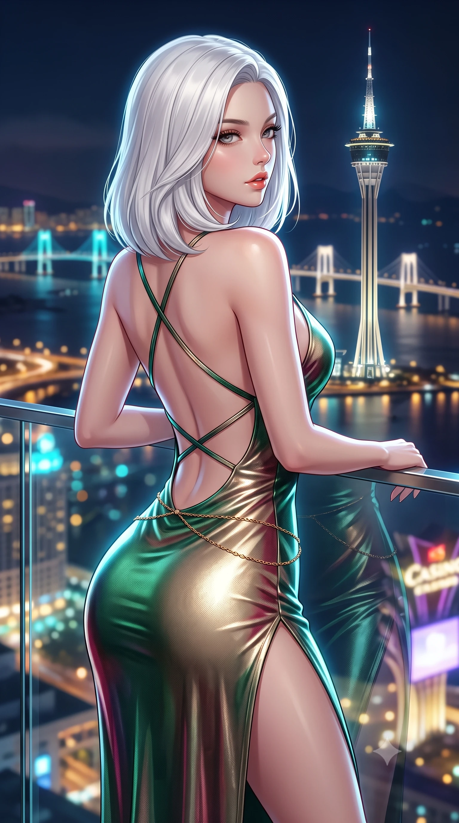 score_9, masterpiece, best quality, ultra-detailed, high-budget anime keyframe, semi-realistic 3D game render, editorial fashion photography, tasteful artistic composition, Korean woman. close-up cowboy shot from the waist and thighs up, the character dominates the composition, filling the frame with her large presence. posing in an alluring rear three-quarter angle, looking over a bare shoulder with parted glossy lips, her hips cocked back to highlight her slim hourglass curve while leaning against the glass balustrade with hips cocked back, looking over a bare shoulder toward the needle spire of Macau Tower. The background shows a soft-focus the iconic glowing Macau Tower spire, sea bridges spanning the dark delta, and glittering casino skylines blurred into gold, cyan, and violet bokeh. She has an exceptionally elegant, slender, and willowy female figure with an ultra-slim waist, flat toned midriff, narrow ribcage, and sculpted feminine hips creating an alluring, slim hourglass silhouette without bulk. sharp v-shaped jawline, high-bridge nose, sparkling eyes with hypnotic seductive depth, thick curled eyelashes, glossy parted lips with a natural dewy peach sheen, alluring bedroom-eyes with an enchanting coquettish smile, exuding magnetic siren charisma and sophisticated glamour, flawlessly proportioned anatomical accuracy, strict slender model proportions, natural body alignment, perfectly sculpted long slender limbs, ultra-slim waistline, clean dynamic posture without body distortion. wearing a form-contouring metallic lamé slip dress clinging like a second skin with hip-high side slits and open criss-cross back in casino emerald green and metallic champagne gold with ruby glints, made of semi-opaque stretch illusion mesh with soft shadowy contours, accented with a dainty gold belly chain resting across her flat midriff and curving hips, the precision-cut side openings and low-back scoop framing her graceful spine and the sensual sweep of her slim, toned hips. illuminated by glass reflection bounce and sharp platinum rim lights defining her razor-sharp jawline, narrow waist, and curvy hips. highly saturated vibrant anime colors, detailed shading with soft gradients, rich glossy textures, high-contrast stereoscopic depth, volumetric dynamic lighting, master piece, 9:16 ratio