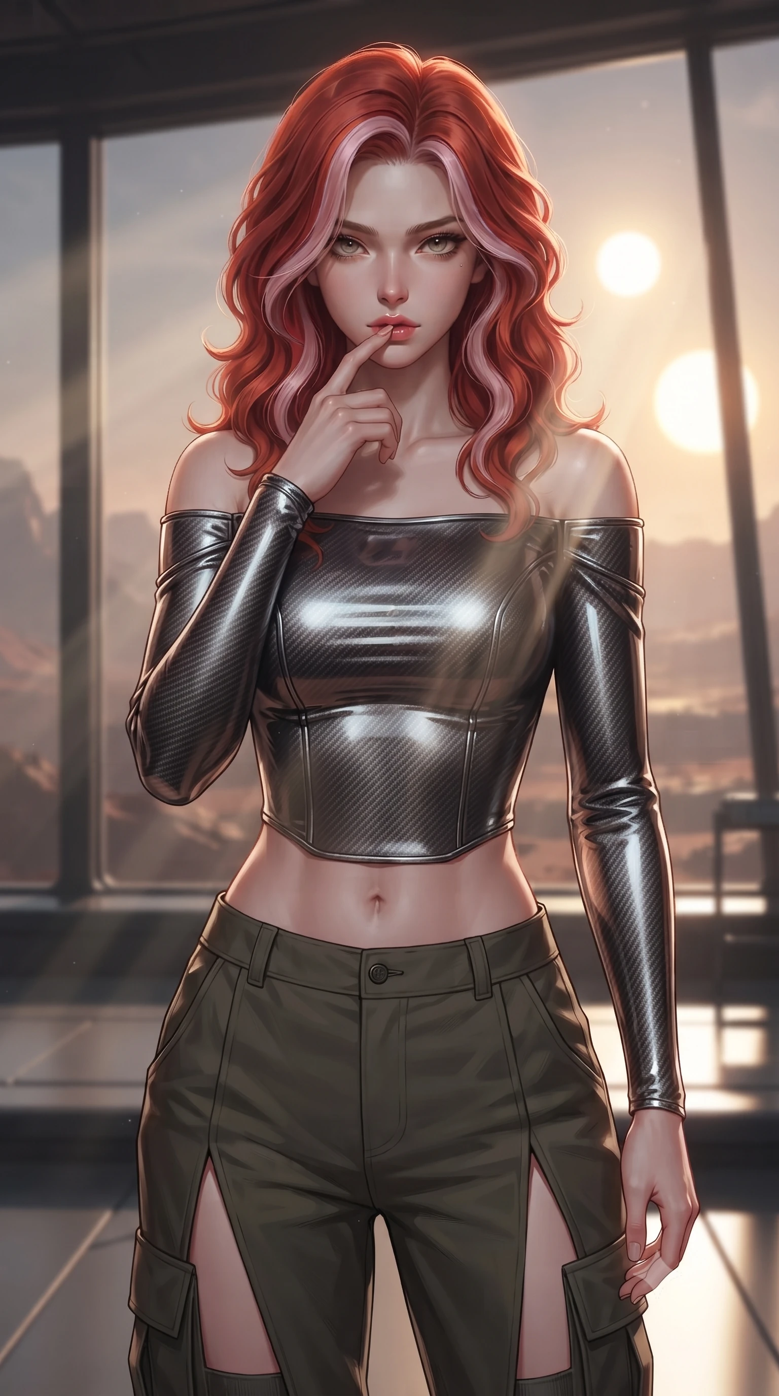 score_9, masterpiece, best quality, ultra-detailed, high-budget anime keyframe, editorial fashion photography, tasteful artistic composition, Caucasian woman. close-up cowboy shot from the waist and thighs up, the character dominates the composition, filling the frame with her large presence, background elements kept in soft focus. pressing one finger to her bottom lip in a thoughtful, composed gesture, locking eyes with the viewer, the background shows a soft-focus a train observation deck with glass panels showing a binary sun system. She has an exceptionally elegant, slender, and willowy female figure with an ultra-slim waist, a gracefully sculpted slender torso, and a refined silhouette. sharp v-shaped jawline, high-bridge nose, intricate jewel-like eyes with depth, thick eyelashes, glossy lips with a natural sheen. wearing a slim-fit off-shoulder carbon-fiber armor top paired with high-slit tactical cargo pants, showing her delicately sculpted midriff. volumetric sunbeams slicing through glass panels, creating dramatic light rays. ultra-reflective glossy finish, specular highlights, metallic sheen, high-contrast stereoscopic depth, volumetric dynamic lighting, 2k, ultra detail, master piece, 9:16 ratio