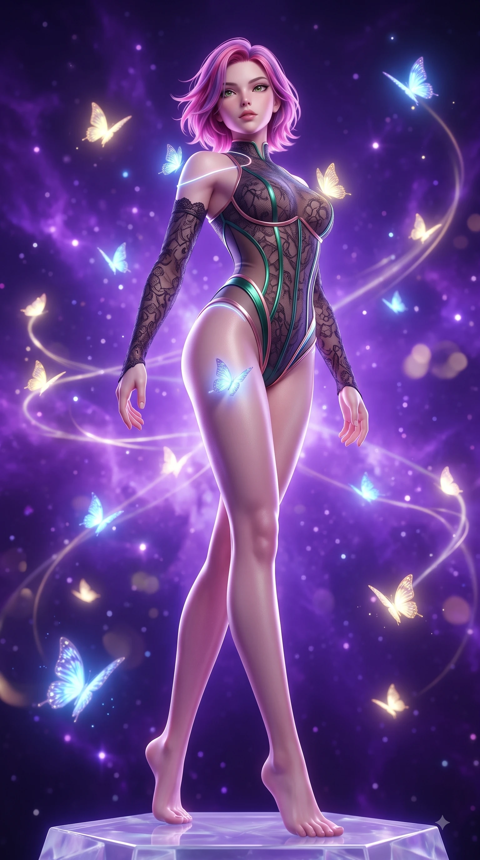 score_9, masterpiece, best quality, ultra-detailed, high-budget anime keyframe, semi-realistic 3D game render, editorial fashion photography, tasteful artistic composition, Caucasian woman. low angle full-body shot from head to toe showing her feet, filling the entire 9:16 vertical frame with her statuesque presence, stretching her vertical silhouette. pivoting dynamically in mid-motion with a breathtakingly alluring posture, displaying her flawless model proportions and ultra-slim waist while arching her back gracefully in a sea of violet nebula gas while luminous butterflies illuminate her skin. The composition keeps background elements in soft focus with creamy bokeh. glowing butterfly flight paths creating soft luminous light trails across the backdrop. She has an absolutely perfect, statuesque 8.5-heads proportion, an exceptionally tall and slender model-like female figure with impossibly long slender legs and an ultra-slim waist. sharp v-shaped jawline, high-bridge nose, intricate jewel-like eyes with depth, thick eyelashes, glossy lips with a natural sheen, flawlessly proportioned anatomical accuracy, natural body alignment, perfectly sculpted elegant limbs, clean dynamic posture without body distortion. wearing a sheer dark lace pattern bodysuit with structured corsetry boning, sheer contouring side panels, and detached lace sleeves in emerald green and metallic rose gold trim, made of liquid metal jersey that clings flawlessly to every contour of her build, accented with glowing fiber-optic seams tracing her collarbones and hip curves, the sleek aerodynamic cut emphasizing her magnetic presence and alluring physical grace. bathed in brilliant purple starlight and brilliant blue and gold light from the butterflies. highly saturated vibrant anime colors, detailed shading with soft gradients, rich glossy textures, high-contrast stereoscopic depth, volumetric dynamic lighting, master piece, 9:16 ratio