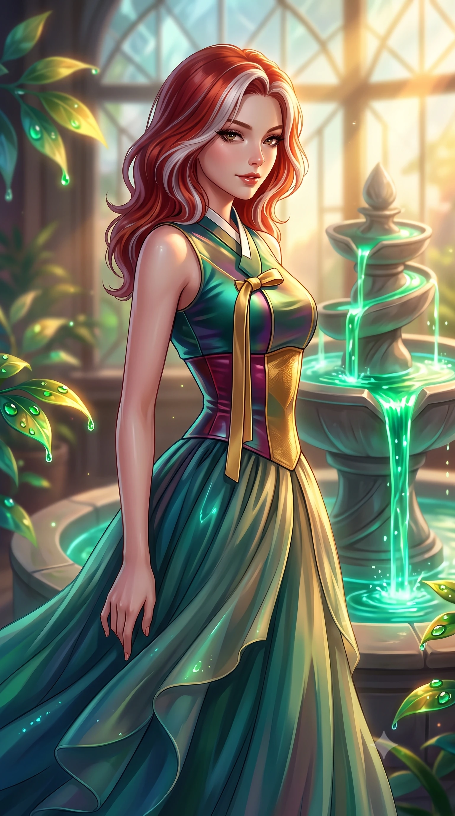 score_9, masterpiece, best quality, ultra-detailed, high-budget anime keyframe, editorial fashion photography, tasteful artistic composition, Caucasian woman. close-up cowboy shot from the waist and thighs up, the character dominates the composition, filling the frame with her large presence, background elements kept in soft focus. Glancing sidelong over her shoulder with a smoldering half-smile and heavy lashes standing by a hydro-flow spiral fountain flowing with bioluminescent emerald sap, dewdrops on bioluminescent leaves reflecting vibrant emerald and gold. She has an exceptionally elegant, slender, and willowy female figure with an ultra-slim waist, a gracefully sculpted slender torso, and a refined silhouette. sharp v-shaped jawline, high-bridge nose, intricate jewel-like eyes with depth, thick eyelashes, glossy lips with a natural sheen. wearing a modern fusion silk hanbok dress with a structured bodice and flowing chiffon skirt, the glove-like fit emphasizing her statuesque silhouette. lit by warm golden-hour rays cascading through crystalline glass panes. highly saturated vibrant anime colors, detailed shading with soft gradients, rich glossy textures, high-contrast stereoscopic depth, volumetric dynamic lighting, master piece, 9:16 ratio