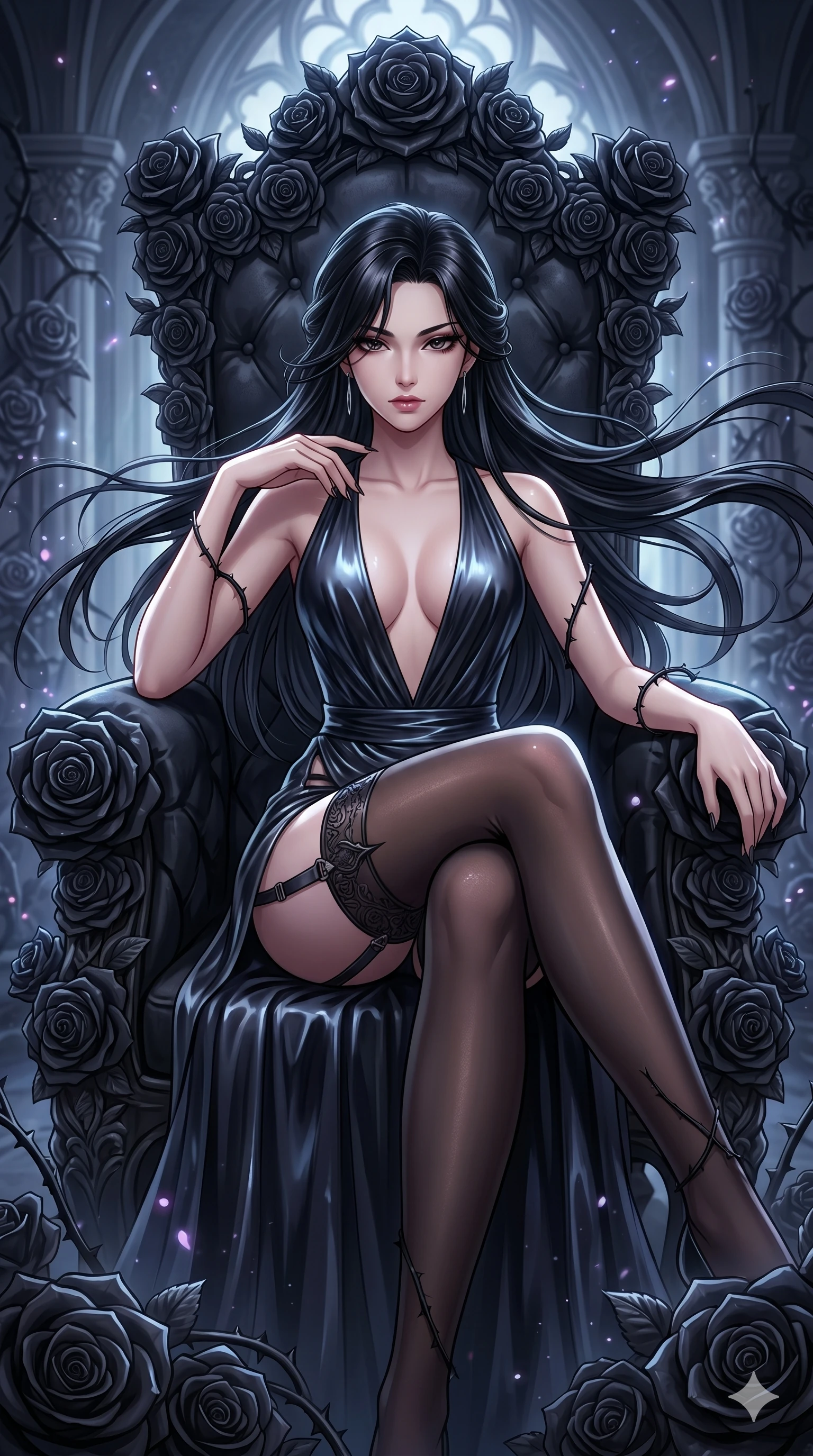 score_9, masterpiece, best quality, ultra-detailed, High-budget Anime Keyframe, East Asian woman. Dynamic full-body shot stretching the vertical silhouette to the limit. Scenario 200: Resting on a throne of black roses, thorns grazing her skin. Her presence is magnetic and overpowering in this high-budget anime scene. Outfit 200: A molten liquid silk garter with a plunging V-neckline and wet-look texture. The clothing is designed to emphasize her exceptionally tall and slender 8-heads proportion. 8-heads proportion, towering silhouette, ultra-slim waist. sharp v-shaped jawline, intricate jewel-like eyes with depth, thick eyelashes, glossy lips. 2k, ultra detail, master piece, 9:16 ratio
