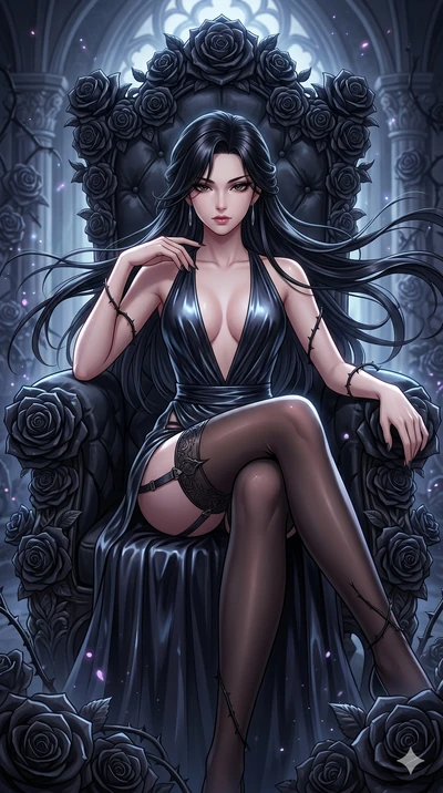 score_9, masterpiece, best quality, ultra-detailed, High-budget Anime Keyframe, East Asian woman. Dynamic full-body shot stretching the vertical silhouette to the limit. Scenario 200: Resting on a throne of black roses, thorns grazing her skin. Her p