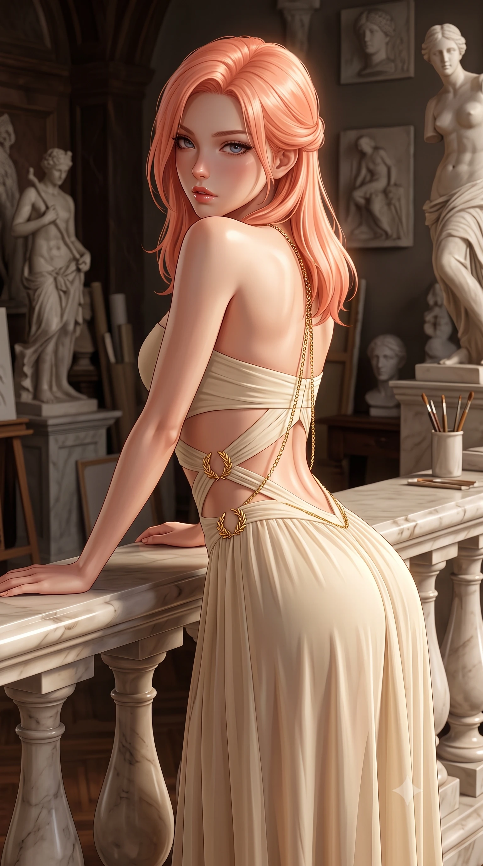 score_9, masterpiece, best quality, ultra-detailed, high-budget anime keyframe, semi-realistic 3D game render, editorial fashion photography, tasteful artistic composition, Japanese woman. close-up cowboy shot from the waist and thighs up, the character dominates the composition, filling the frame with her large presence. leaning forward against the polished railing with her hips cocked back, creating an intoxicating curve from her narrow waist to sculpted hips as she gazes back into the lens while leaning forward over a sculpted marble balustrade with lower back arched, looking over her bare shoulder with parted glossy lips. The surrounding environment is rendered in vivid detail and crisp panoramic clarity. timeless Renaissance chiaroscuro and monumental artistic atelier aesthetics captured with precision. She has an exceptionally elegant, slender, and willowy female figure with an ultra-slim waist, a gracefully sculpted slender torso, toned flat midriff, and rounded feminine hips creating an alluring hourglass silhouette. sharp v-shaped jawline, high-bridge nose, intricate jewel-like eyes with depth, thick eyelashes, glossy parted lips with a natural sheen, intensely captivating and seductive bedroom-eyes expression, flawlessly proportioned anatomical accuracy, strict slender model proportions, natural body alignment, perfectly sculpted long slender limbs, ultra-slim waistline, clean dynamic posture without body distortion. wearing a modern sculptural tube dress with diagonal midriff cutouts framed by golden laurel hardware in warm limestone cream and brushed brass, woven from layered gossamer chiffon with a weightless sweeping drape, accented with a glittering gold back chain tracing her bare spine down to her hip line, the precision-cut side openings and low-back scoop framing her graceful spine and the sensual sweep of her hips. surrounded by a divine, timeless, and breathtakingly majestic living sculpture goddess aura. highly saturated vibrant anime colors, detailed shading with soft gradients, rich glossy textures, high-contrast stereoscopic depth, volumetric dynamic lighting, master piece, 9:16 ratio