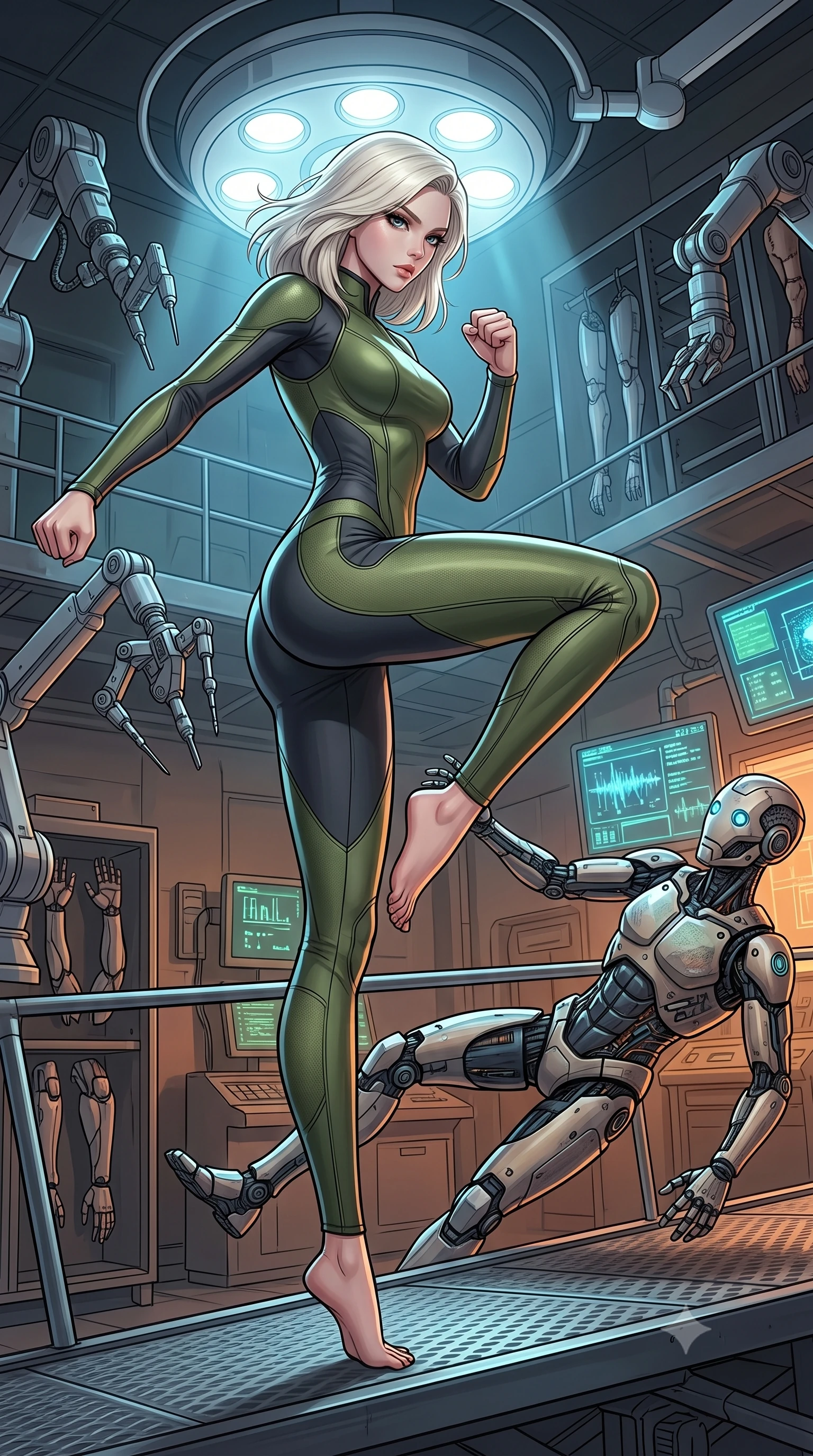 score_9, masterpiece, best quality, ultra-detailed, high-budget anime keyframe, editorial fashion photography, tasteful artistic composition, Caucasian woman, strictly human ears. low angle full-body shot from head to toe showing her feet, filling the entire 9:16 vertical frame with her statuesque presence, stretching her vertical silhouette. executing a lightning-fast low sweep kick to knock down a security android on a metal catwalk within a hidden operating room with robotic surgery tools, cyber-limbs on steel racks, and a glowing diagnostic screen. She has a statuesque 8.5-heads proportion, an exceptionally tall, slender and willowy model-like build with impossibly long legs and a highly sculpted ultra-slim waist. sharp v-shaped jawline, high-bridge nose, intricate jewel-like eyes with depth, thick eyelashes, glossy lips with a natural sheen. wearing tailored for maximum mobility, sleek form-contouring panels that allow fluid movement, a tailored body-hugging tactical bodysuit in olive green and charcoal, with form-contouring side panels that emphasize her waist. highly saturated vibrant anime colors, intense vivid color palette, soft 3D volumetric shading, volumetric dynamic lighting, cool white surgical spotlights contrasting with warm ambient shadow. 2k, ultra detail, master piece, 9:16 ratio