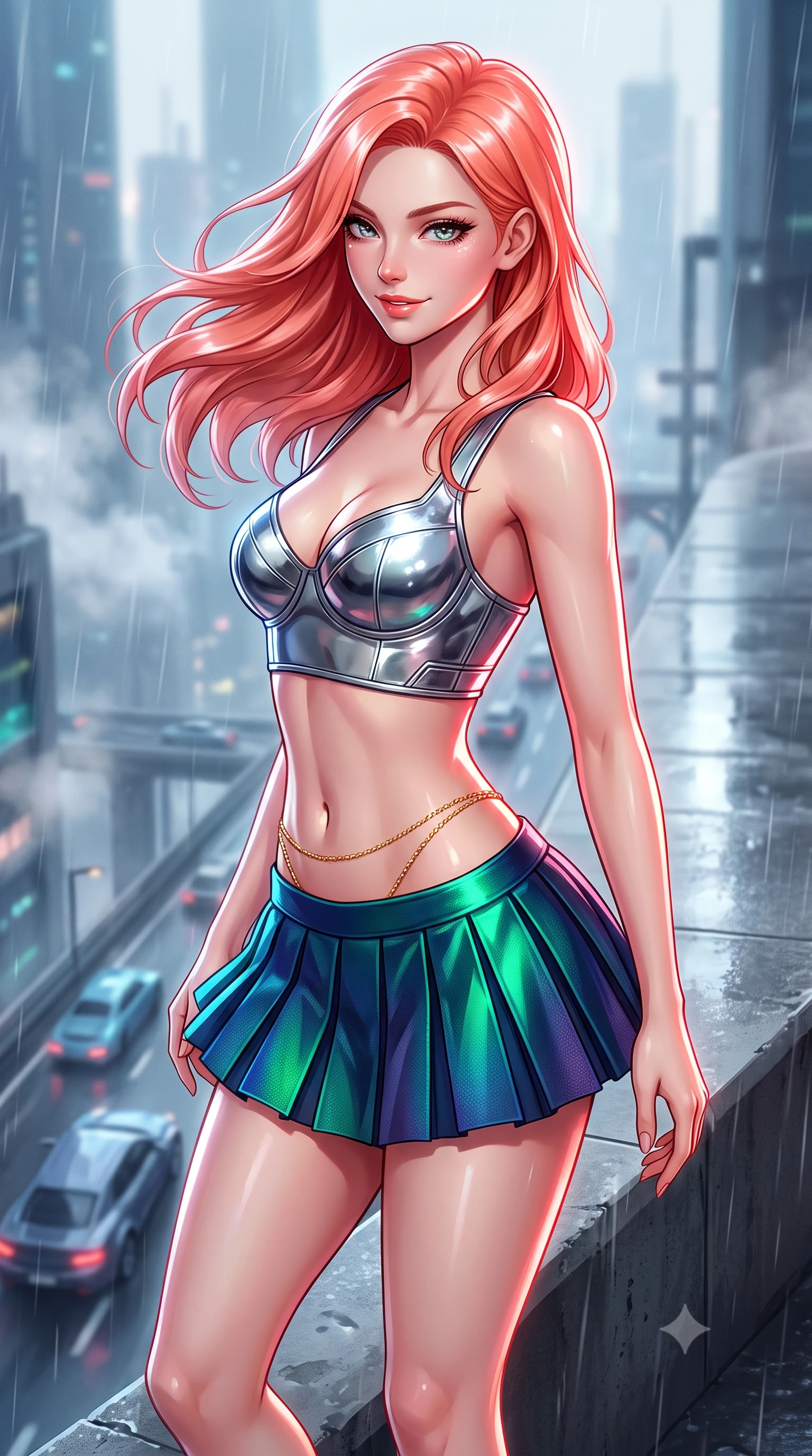 score_9, masterpiece, best quality, ultra-detailed, high-budget anime keyframe, semi-realistic 3D game render, editorial fashion photography, tasteful artistic composition, Japanese woman. close-up cowboy shot from the waist and thighs up, the character dominates the composition, filling the frame with her large presence. turning slowly with an enchanting smoldering smile, her glossy hair tossing in the breeze as her hips angle gracefully in a captivating contrapposto while standing poised on the high concrete freeway abutment high above rushing streams of hovering aerocars, arching her back with breathtaking anime heroine charisma. The background shows a soft-focus fine rain vapor softened in high-altitude freeway sniper perch shallow focus. She has an exceptionally elegant, slender, and willowy female figure with an ultra-slim waist, flat toned midriff, narrow ribcage, and sculpted feminine hips creating an alluring, slim hourglass silhouette without bulk. sharp v-shaped jawline, high-bridge nose, intricate jewel-like sparkling eyes with depth, thick eyelashes, glossy parted lips with a natural peach sheen, bright cheerful beaming smile with an enchanting and coquettish sensual glint, exuding both youthful cute charm and seductive allure, flawlessly proportioned anatomical accuracy, strict slender model proportions, natural body alignment, perfectly sculpted long slender limbs, ultra-slim waistline, clean dynamic posture without body distortion. wearing a chrome-plated tactical combat bustier top with reinforced underwire paired with a low-rise pleated micro combat skirt in bioluminescent emerald and abyssal sapphire, crafted from bespoke double-faced cashmere with an exceptionally soft tactile finish, accented with a dainty gold belly chain resting across her flat midriff and curving hips, the second-skin tailored fabric adhering flawlessly to her sculpted flat midriff and slender torso, emphasizing her long leg lines and perfectly proportioned willowy build. illuminated by wet concrete reflection bounce and sharp ruby-white rim lights sculpting her jawline, narrow waist, and curvy hips. highly saturated vibrant anime colors, detailed shading with soft gradients, rich glossy textures, high-contrast stereoscopic depth, volumetric dynamic lighting, master piece, 9:16 ratio