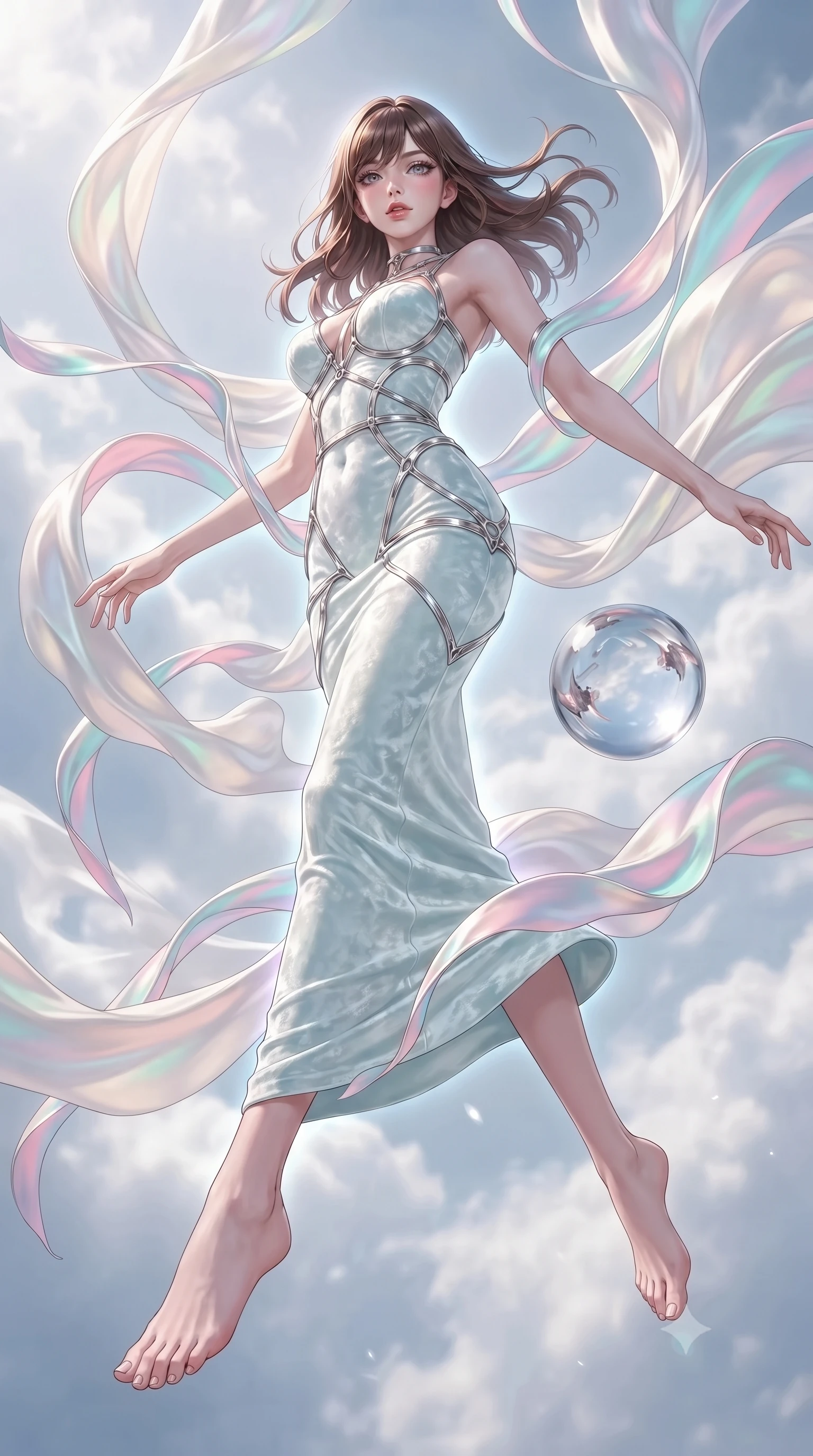 score_9, masterpiece, best quality, ultra-detailed, high-budget anime keyframe, editorial fashion photography, tasteful artistic composition, Korean woman. low angle full-body shot from head to toe showing her feet, filling the entire 9:16 vertical frame with her statuesque presence, stretching her vertical silhouette. leaping dynamically through the luminous sky, her posture full of power and elegance, resting against a floating glass sphere amidst swirling opal fabric streams, iridescent opal silk ribbons shifting color from pearl white to pastel rose and turquoise. She has an absolutely perfect, statuesque 8.5-heads proportion, an exceptionally tall and slender model-like female figure with impossibly long slender legs and an ultra-slim waist. sharp v-shaped jawline, high-bridge nose, intricate jewel-like eyes with depth, thick eyelashes, glossy lips with a natural sheen. wearing sculpted form-fitting crushed white velvet column gown in pale opal seafoam, made of crushed white silk velvet, highlighted by a platinum metallic harness structure, contouring every curve with an exceptionally elegant silhouette. surrounded by a luminous iridescent aura with soft rim lights. ultra-reflective glossy finish, specular highlights, metallic sheen, high-contrast stereoscopic depth, volumetric dynamic lighting, 2k, ultra detail, master piece, 9:16 ratio