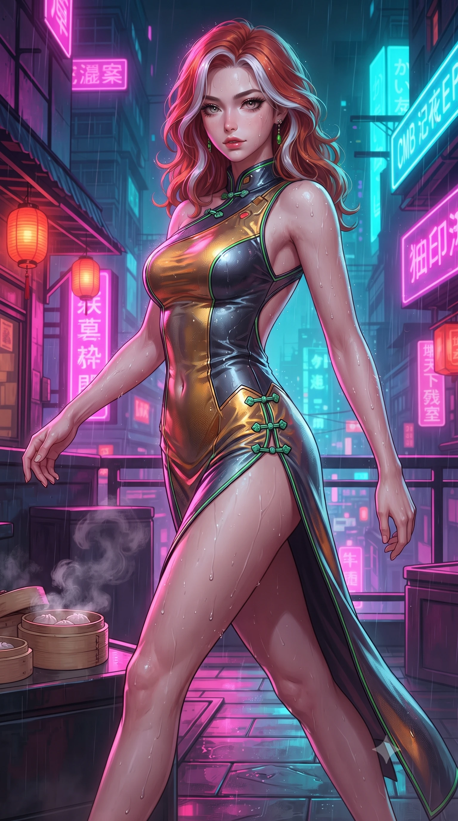 score_9, masterpiece, best quality, ultra-detailed, high-budget anime keyframe, editorial fashion photography, tasteful artistic composition, Caucasian woman. close-up cowboy shot from the waist and thighs up, the character dominates the composition, filling the frame with her large presence. leaning back with relaxed seductive grace, her sculpted collarbones and narrow waist highlighted as she casts smoldering bedroom-eyes directly into the camera while striding across the neon-drenched rooftop deck as steam curls from dim sum bamboo steamers, her high-slit dress fluttering to reveal her long slender legs. The surrounding environment is rendered in vivid detail and crisp panoramic clarity. detailed embroidered silk qipao fabric sheen, raindrops on skin, and cyberpunk cityscape in high clarity. She has an exceptionally elegant, slender, and willowy female figure with an ultra-slim waist, a gracefully sculpted slender torso, toned flat midriff, and rounded feminine hips creating an alluring hourglass silhouette. sharp v-shaped jawline, high-bridge nose, intricate jewel-like eyes with depth, thick eyelashes, glossy parted lips with a natural sheen, intensely captivating and seductive bedroom-eyes expression, flawlessly proportioned anatomical accuracy, strict slender model proportions, natural body alignment, perfectly sculpted long slender limbs, ultra-slim waistline, clean dynamic posture without body distortion. wearing an asymmetric one-shoulder metallic qipao gown with neon green accents and hip-defining ruching in glowing amber-gold and dark graphite, crafted from flexible reflective spandex and tactical webbing, finished with an ultra-high side slit secured by miniature jade frog closures, the dramatically scooped open back descending to the base of her spine, accentuating her razor-sharp statuesque lines and curvy hourglass silhouette. bathed in vibrant magenta and electric cyan neon light contrasting with warm lantern scarlet downlights. ultra-reflective glossy finish, specular highlights, rich textural contrasts, high-contrast stereoscopic depth, volumetric dynamic lighting, 2k, ultra detail, master piece, 9:16 ratio