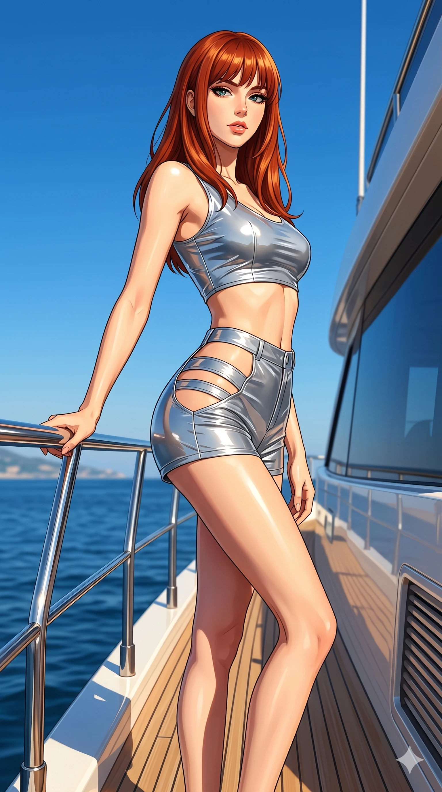 score_9, masterpiece, best quality, ultra-detailed, high-budget anime keyframe, editorial fashion photography, tasteful artistic composition, Caucasian woman, strictly human ears. cowboy shot from the thighs up, character and outfit filling the frame for maximum editorial presence. posing with bright, confident self-assurance, one hand on the steel railing standing on a yacht flybridge under a clear blue sky. She has an absolutely perfect 8-heads proportion, an exceptionally tall and slender female figure with impossibly long slender legs and an ultra-slim waist. V-shaped jawline, high-bridge nose, intricate jewel-like eyes with depth, thick eyelashes, glossy lips with a natural sheen. wearing a wet-look silver vinyl crop top and high-waisted shorts with side cutouts and straps. drenched in brilliant midday sunshine casting sharp, warm rays on her figure. 2k, ultra detail, master piece, 9:16 ratio