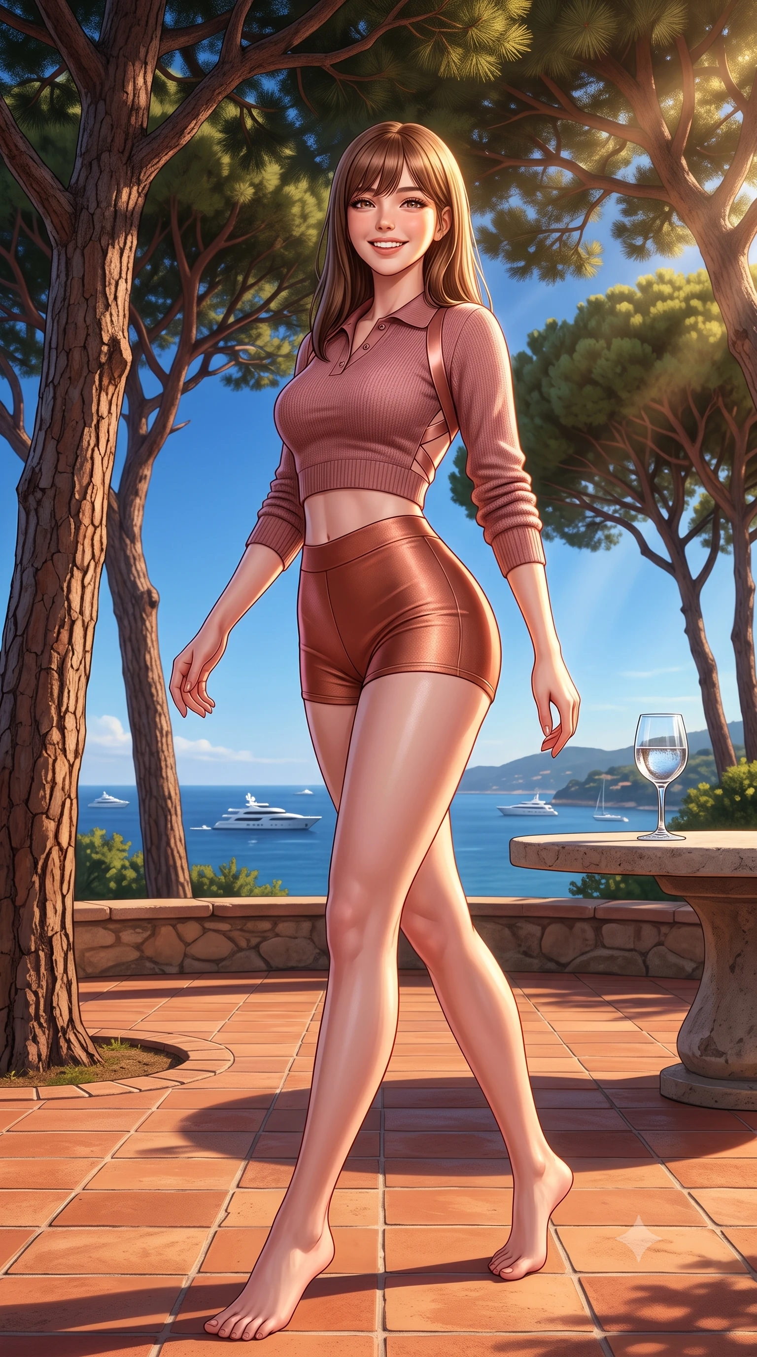 score_9, masterpiece, best quality, ultra-detailed, high-budget anime keyframe, semi-realistic 3D game render, editorial fashion photography, tasteful artistic composition, Korean woman. low angle full-body shot from head to toe showing her feet, filling the entire 9:16 vertical frame with her statuesque presence, stretching her vertical silhouette. stepping forward gracefully across the terrace in mid-motion with a radiant beaming smile, hips swaying in an alluring kinetic rhythm that accentuates her curvy hourglass silhouette and long slender legs while standing poised on the terracotta terrace under ancient umbrella pines, arching her lower back with sovereign glamour as yachts cruise the bay. The surrounding environment is rendered in vivid detail and crisp panoramic clarity. sharp terracotta floor tile texture, umbrella pine bark relief, and glass goblet clarity in deep focus. She has an exceptionally tall and slender model-like 8.5-heads proportion, an ultra-slim waist, a flat toned midriff, narrow delicate ribcage, and beautifully sculpted feminine hips creating a graceful, slim hourglass silhouette without any bulky heaviness, with impossibly long slender legs. sharp v-shaped jawline, high-bridge nose, sparkling amber-hazel eyes with depth, long lush eyelashes, glossy sun-kissed lips with a warm coral glaze, radiant teasing smile with sensual sunlit bedroom-eyes, exuding effortless old-money elegance and intoxicating sun-drenched allure, flawlessly proportioned anatomical accuracy, strict slender model proportions, natural body alignment, perfectly sculpted long slender limbs, ultra-slim waistline, clean dynamic posture without body distortion. wearing a chic cropped knit polo sweater paired with high-cut tailored tennis shorts hugging her rounded hips in soft dusty rose and molten copper shimmer, made of liquid-tight stretch jersey emphasizing every curve of her body, finished with criss-cross back satin straps highlighting her graceful shoulder blades, the form-contouring cut accentuating her sculpted flat midriff, narrow delicate ribcage, and gracefully curvy hips with sun-drenched supermodel elegance. bathed in horizontal golden hour sunbeams filtering through the umbrella pine canopy. highly saturated vibrant anime colors, detailed shading with soft gradients, rich glossy textures, high-contrast stereoscopic depth, volumetric dynamic lighting, master piece, 9:16 ratio