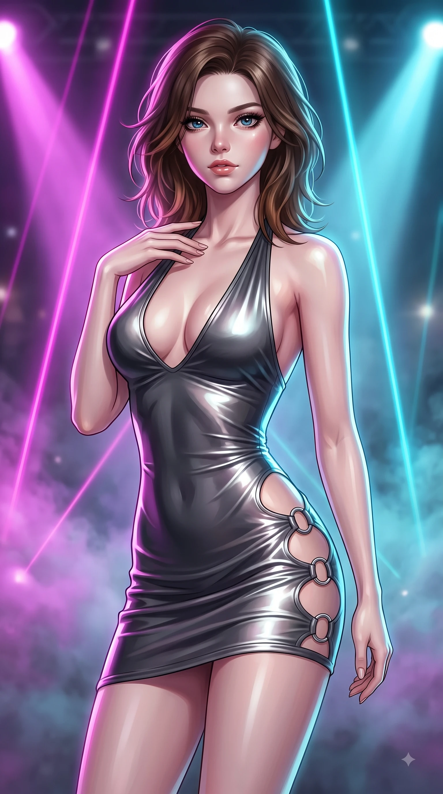 score_9, masterpiece, best quality, ultra-detailed, high-budget anime keyframe, editorial fashion photography, tasteful artistic composition, Korean woman. close-up cowboy shot from the waist and thighs up, the character dominates the composition, filling the frame with her large presence, background elements kept in soft focus. Pivoting her torso in an alluring S-curve alignment, one hand gently tracing her collarbone with poise while holding a powerful, seductive stage pose under intense laser beams on a stadium concert stage, intense volumetric laser beams cutting through stage fog in magenta and cyan. She has an exceptionally elegant, slender, and willowy female figure with an ultra-slim waist, a gracefully sculpted slender torso, and a refined silhouette. sharp v-shaped jawline, high-bridge nose, intricate jewel-like eyes with depth, thick eyelashes, glossy lips with a natural sheen, flawlessly proportioned anatomical accuracy, natural body alignment, perfectly sculpted elegant limbs, clean dynamic posture without body distortion. wearing a deep-scoop halter bodycon dress with hip cutouts connected by silver rings in charcoal grey and platinum, crafted from smooth liquid silk, accented with a Tasteful chest slit framing her clavicle gracefully, the glove-like fit emphasizing her statuesque silhouette during motion. bathed in intense volumetric stage spotlights and vivid neon rim lights. ultra-reflective glossy finish, specular highlights, metallic sheen, high-contrast stereoscopic depth, volumetric dynamic lighting, 2k, ultra detail, master piece, 9:16 ratio