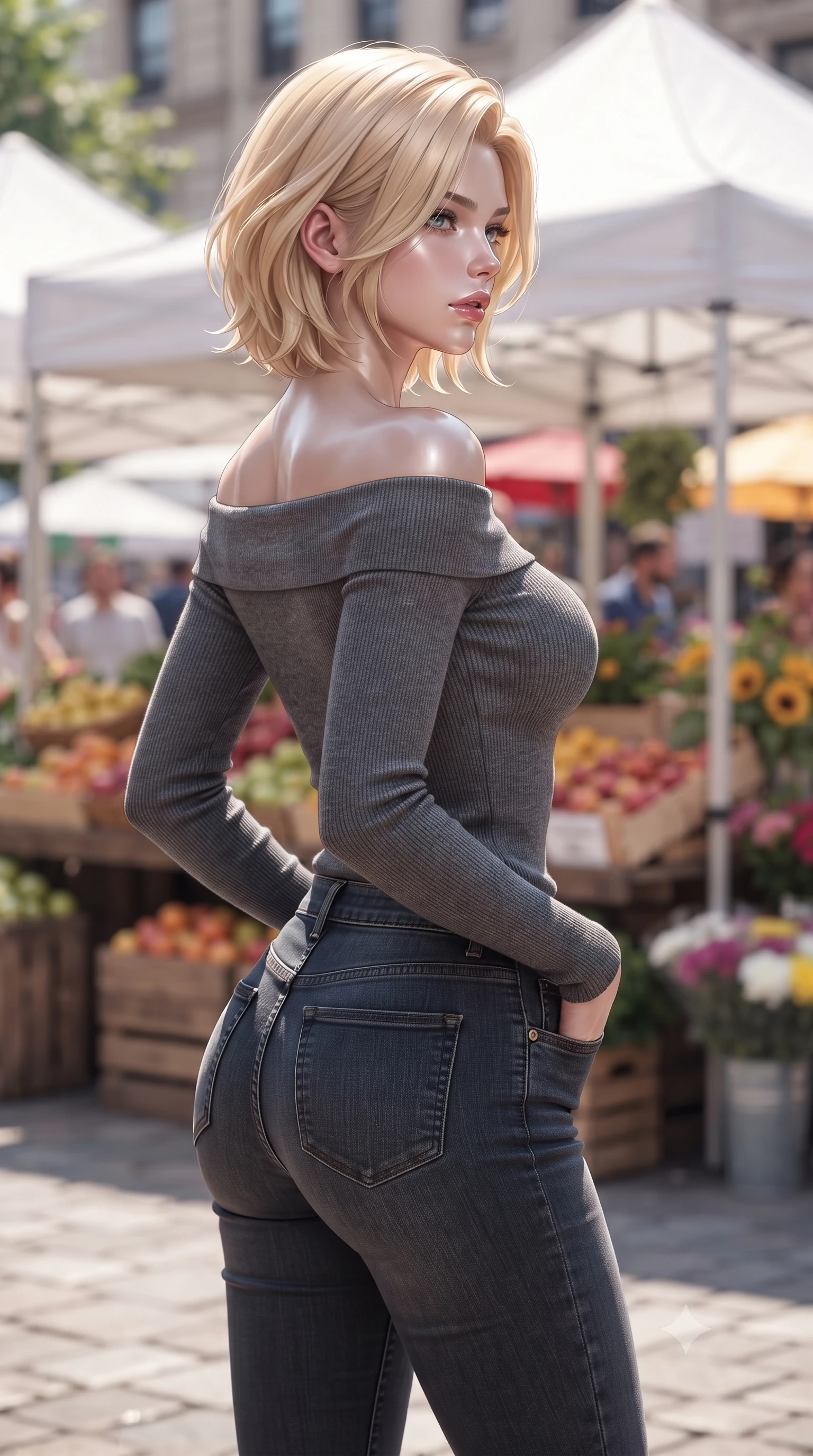 score_9, masterpiece, best quality, ultra-detailed, high-budget anime keyframe, editorial fashion photography, tasteful artistic composition, Caucasian woman woman. close-up cowboy shot from the waist and thighs up, the character dominates the composition, filling the frame with her large presence, background elements kept in soft focus. turning her face in sharp profile, casting a cold, mysterious, yet intensely sensual side gaze the background shows a soft-focus a bustling market square with wooden stalls selling fresh fruit and flowers under white tents. She has an exceptionally elegant, slender, and willowy female figure with an ultra-slim waist, a gracefully sculpted slender torso, and a refined silhouette. sharp v-shaped jawline, high-bridge nose, intricate jewel-like eyes with depth, thick eyelashes, glossy lips with a natural sheen. wearing a tailored tight-fitting long-sleeve off-shoulder knit top in charcoal grey, paired with skinny denim jeans. bright midday sun rays creating a lively and colorful atmosphere. ultra-reflective glossy finish, specular highlights, metallic sheen, high-contrast stereoscopic depth, volumetric dynamic lighting, 2k, ultra detail, master piece, 9:16 ratio