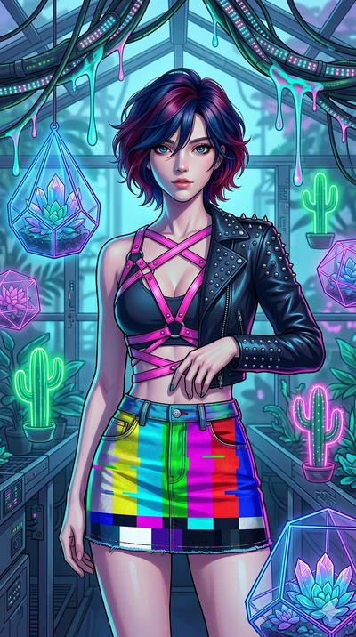 score_9, masterpiece, best quality, ultra-detailed, high-budget anime keyframe, Korean woman. upper body close-up from the thighs up, character filling the screen for maximum presence. standing in a retro-futuristic synthwave greenhouse where glowing