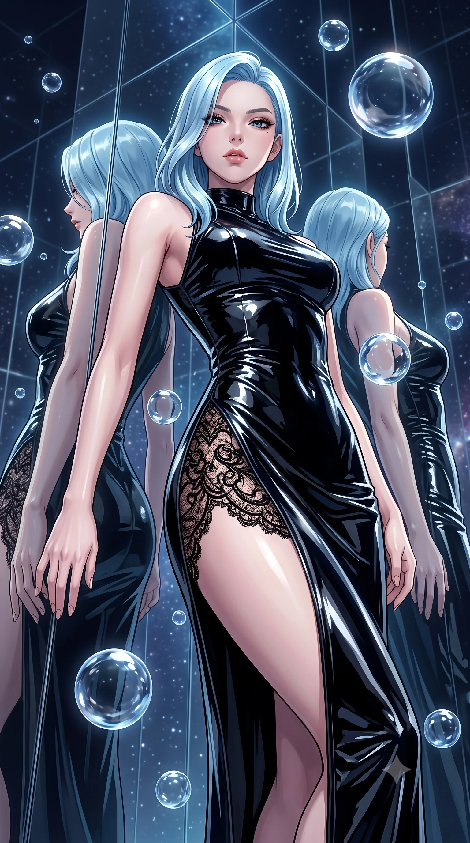 score_9, masterpiece, best quality, ultra-detailed, High-budget Anime Keyframe, East Asian woman. Low angle cowboy shot filling the entire 9:16 frame with her statuesque presence. Scenario 304: leaning back against a wall of virtual mirrors in a zero-gravity sanctuary filled with floating water spheres. Her presence is magnetic and overpowering in this high-budget anime scene. Outfit 304: a body-hugging patent leather long with a strategic side cut-outs and delicate lace embroidery. The clothing is designed to emphasize her exceptionally tall and slender 8-heads proportion. 8-heads proportion, towering silhouette, ultra-slim waist. sharp v-shaped jawline, intricate jewel-like eyes with depth, thick eyelashes, glossy lips. 2k, ultra detail, master piece, 9:16 ratio