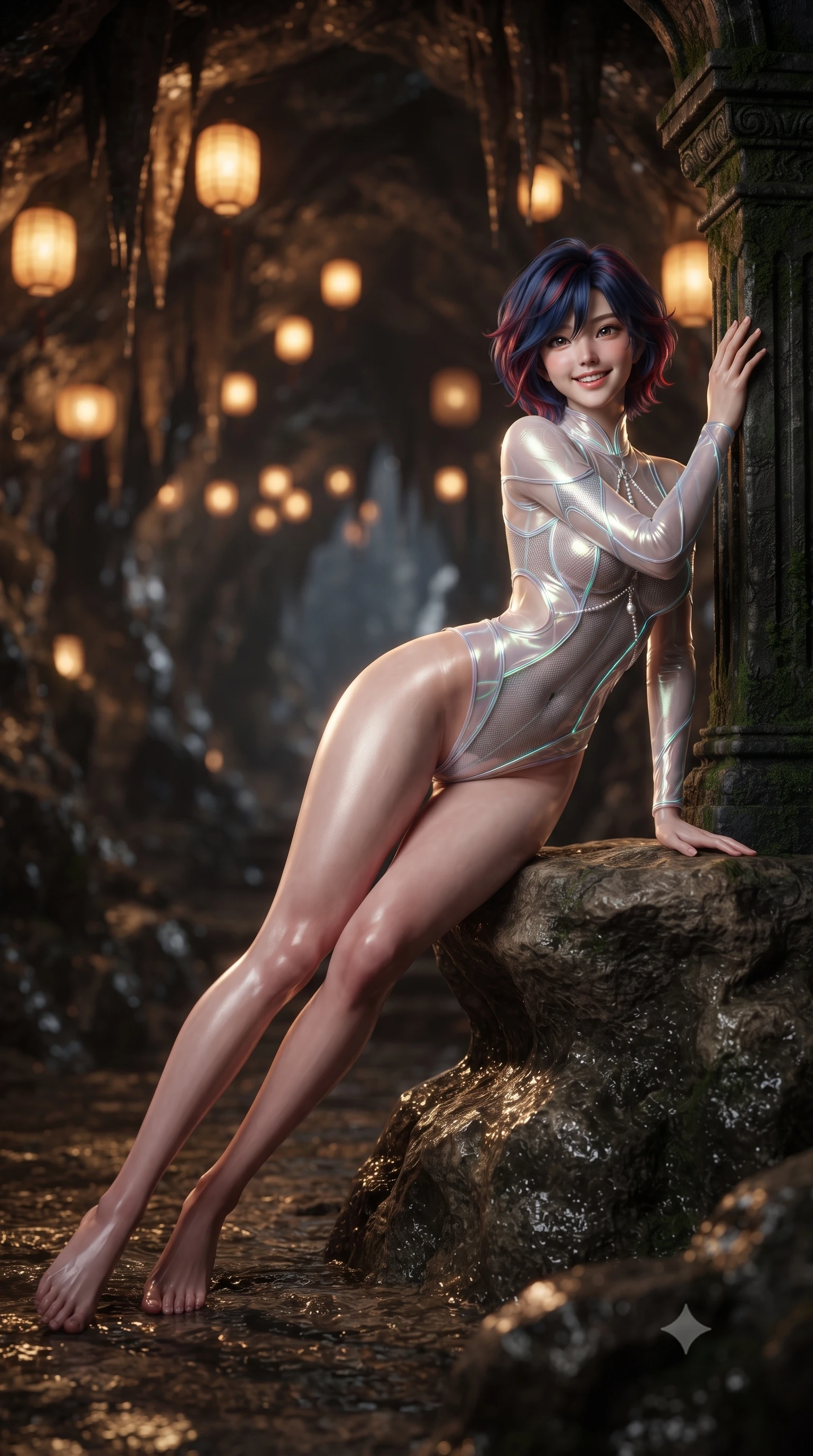 score_9, masterpiece, best quality, ultra-detailed, high-budget anime keyframe, editorial fashion photography, tasteful artistic composition, Korean woman. low angle full-body shot from head to toe showing her feet, filling the entire 9:16 vertical frame with her statuesque presence, stretching her vertical silhouette. standing tall beside the architectural column, one hand resting high while arching her lower back to emphasize her sculpted feminine hips and slender waist while lounging back into the natural rock seat propped on one elbow with legs extended, her statuesque hourglass silhouette commanding the grotto. The background shows a soft-focus glistening dark cavern rock walls, dripping mineral stalactites, and amber paper lanterns suspended from rock ceilings blurred into honey, bronze, and obsidian bokeh. She has an exceptionally tall and slender model-like 8.5-heads proportion, an ultra-slim waist, a flat toned midriff, narrow delicate ribcage, and beautifully sculpted feminine hips creating a graceful, slim hourglass silhouette without any bulky heaviness, with impossibly long slender legs. sharp v-shaped jawline, high-bridge nose, intricate jewel-like sparkling eyes with depth, thick eyelashes, glossy parted lips with a natural peach sheen, bright cheerful beaming smile with an enchanting and coquettish sensual glint, exuding both youthful cute charm and seductive allure, flawlessly proportioned anatomical accuracy, strict slender model proportions, natural body alignment, perfectly sculpted long slender limbs, ultra-slim waistline, clean dynamic posture without body distortion. wearing a provocative cyber-mesh sheer bodysuit with luminescent holographic fiber piping contouring her hourglass frame in pure translucent crystal white and iridescent opal, crafted from translucent silk organza with an ethereal crystalline sheen, accented with a pearl-drop body harness subtly framing her dewy collarbones and spine, the precision-cut side openings and low-back scoop framing her graceful spine and the sensual sweep of her slim, toned hips. illuminated by thermal spring caustics bounce and sharp flame-gold rim lights sculpting her jawline, narrow waist, and curvy hips. ultra-reflective glossy finish, specular highlights, rich textural contrasts, high-contrast stereoscopic depth, volumetric dynamic lighting, 2k, ultra detail, master piece, 9:16 ratio