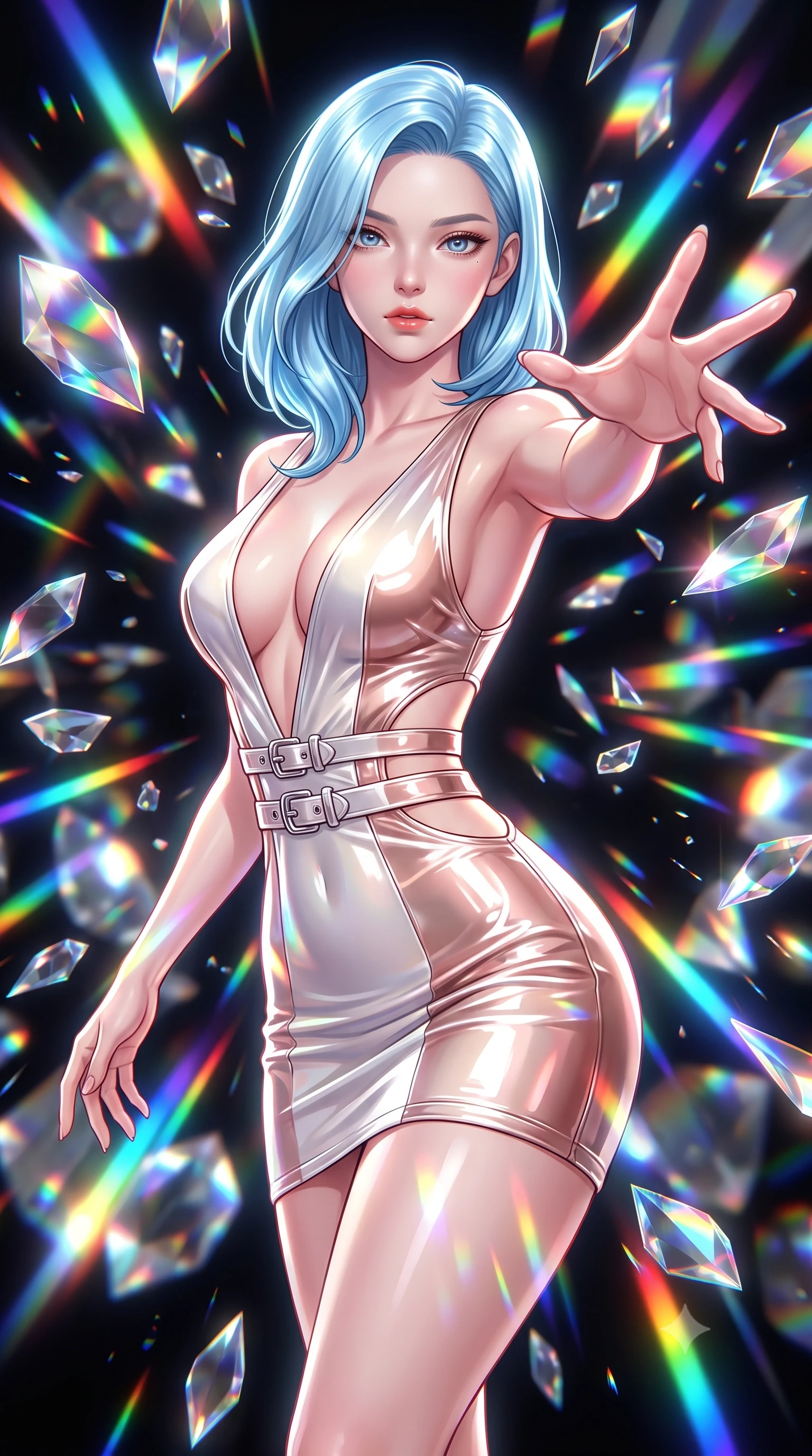 score_9, masterpiece, best quality, ultra-detailed, high-budget anime keyframe, editorial fashion photography, tasteful artistic composition, Korean woman. close-up cowboy shot from the waist and thighs up, the character dominates the composition, filling the frame with her large presence, background elements kept in soft focus. Reaching her hand gracefully toward the camera with magnetic allure, her torso turning in a dynamic S-curve alignment while floating dynamically in a high-contrast void surrounded by suspended prismatic mirror petals, shattered glass prisms scattering intense rainbow light rays across her athletic build. She has an exceptionally elegant, slender, and willowy female figure with an ultra-slim waist, a gracefully sculpted slender torso, and a refined silhouette. sharp v-shaped jawline, high-bridge nose, intricate jewel-like eyes with depth, thick eyelashes, glossy lips with a natural sheen, flawlessly proportioned anatomical accuracy, natural body alignment, perfectly sculpted elegant limbs, clean dynamic posture without body distortion. wearing a liquid mercury gloss mini dress with ultra-deep V-neck and waist cutouts in pearl white and rose gold, tailored from high-gloss patent leather, detailed with polished silver buckles along the waistline, the tailored fabric tightly following every curve of her athletic build. illuminated by high-contrast studio spotlights with ultra-bright specular highlights. highly saturated vibrant anime colors, detailed shading with soft gradients, rich glossy textures, high-contrast stereoscopic depth, volumetric dynamic lighting, master piece, 9:16 ratio