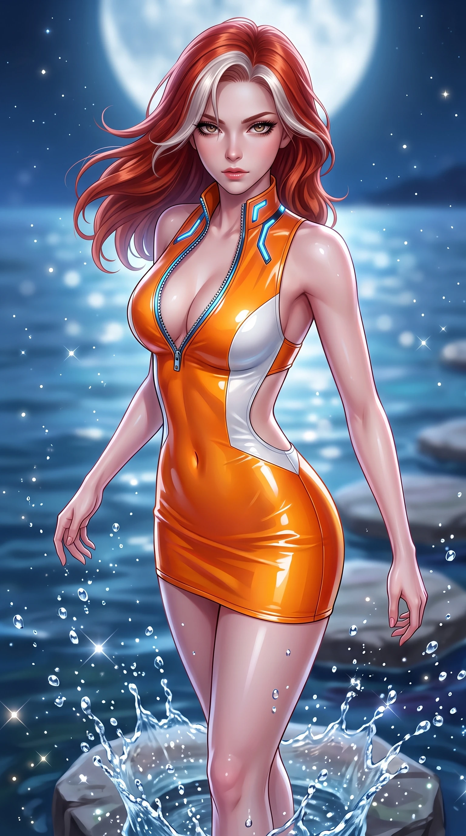 score_9, masterpiece, best quality, ultra-detailed, high-budget anime keyframe, semi-realistic 3D game render, editorial fashion photography, tasteful artistic composition, Caucasian woman. close-up cowboy shot from the waist and thighs up, the character dominates the composition, filling the frame with her large presence. gazing directly into the lens with bedroom eyes and a breathtaking, dangerous allure that commands the entire composition while pivoting dynamically on a submerged stepping stone as water droplets sparkle like pearls in mid-air. The composition keeps background elements in soft focus with creamy bokeh. sparkling moonlit water droplets scattering gentle starlight motes across a serene backdrop. She has an exceptionally elegant, slender, and willowy female figure with an ultra-slim waist, a gracefully sculpted slender torso, toned flat midriff, and a refined slim silhouette. sharp v-shaped jawline, high-bridge nose, intricate jewel-like eyes with depth, thick eyelashes, glossy lips with a natural sheen, flawlessly proportioned anatomical accuracy, strict slender model proportions, natural body alignment, perfectly sculpted long slender limbs, ultra-slim waistline, clean dynamic posture without body distortion. wearing a second-skin fashion-latex mini dress with a clean architectural front, featuring an open-back design that wraps around the sides of her waist, showcasing her slender silhouette in vivid sunset amber orange and cloud white, crafted from ultra-reflective second-skin latex with a high-gloss glass-like polish, featuring a dangerously unzipped neckline framed by glowing cybernetic accents, the form-contouring material adhering flawlessly to her sculpted flat midriff and slender torso, emphasizing her long leg lines and perfectly proportioned willowy build. surrounded by a sacred, pristine, and intensely seductive moon-sanctuary atmosphere. highly saturated vibrant anime colors, detailed shading with soft gradients, rich glossy textures, high-contrast stereoscopic depth, volumetric dynamic lighting, master piece, 9:16 ratio